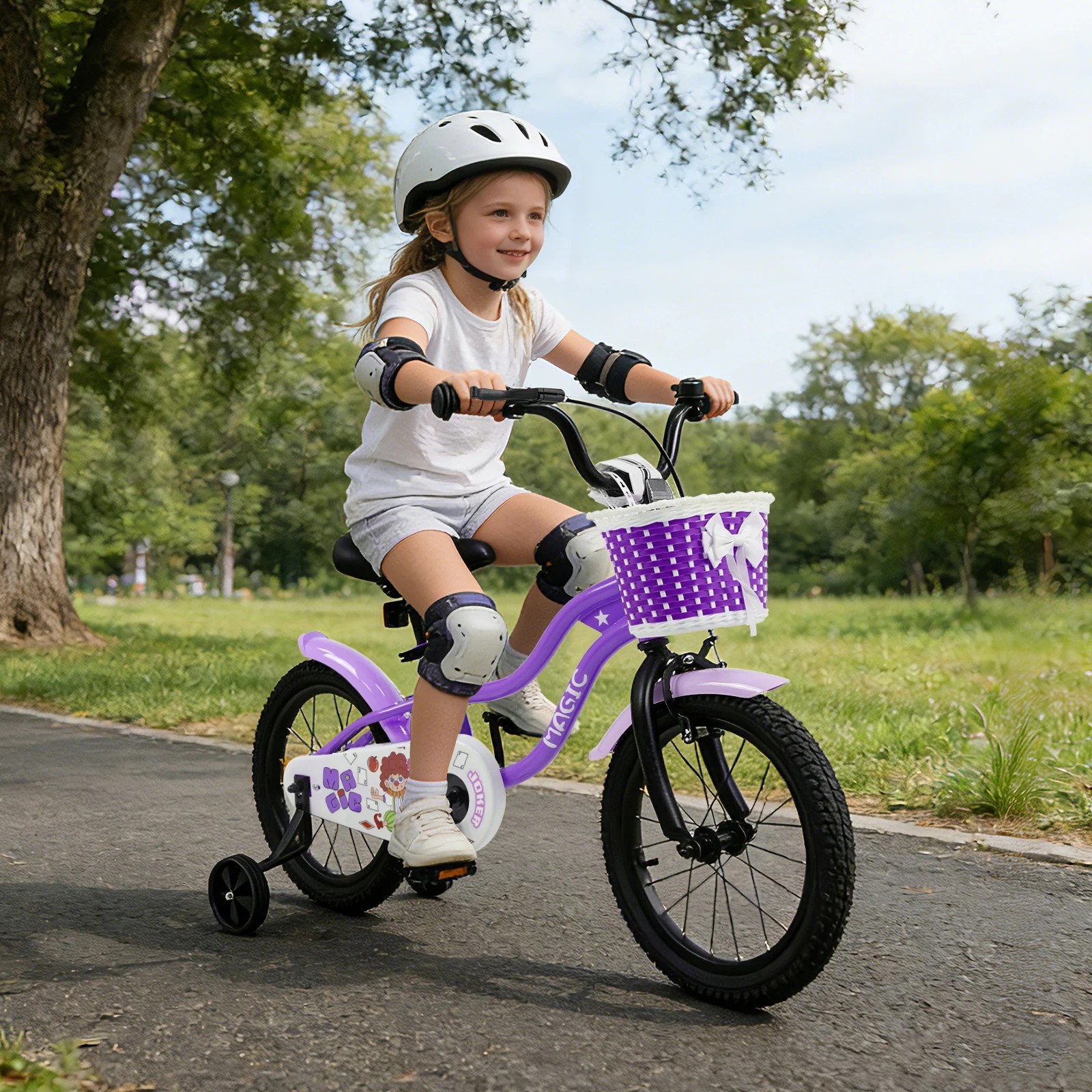 2 Costway 40cm Kid Bicycle Dual Brake Balance Bike Ride on w/Training Wheels Adjustable Seat - Purple, 2 of 2