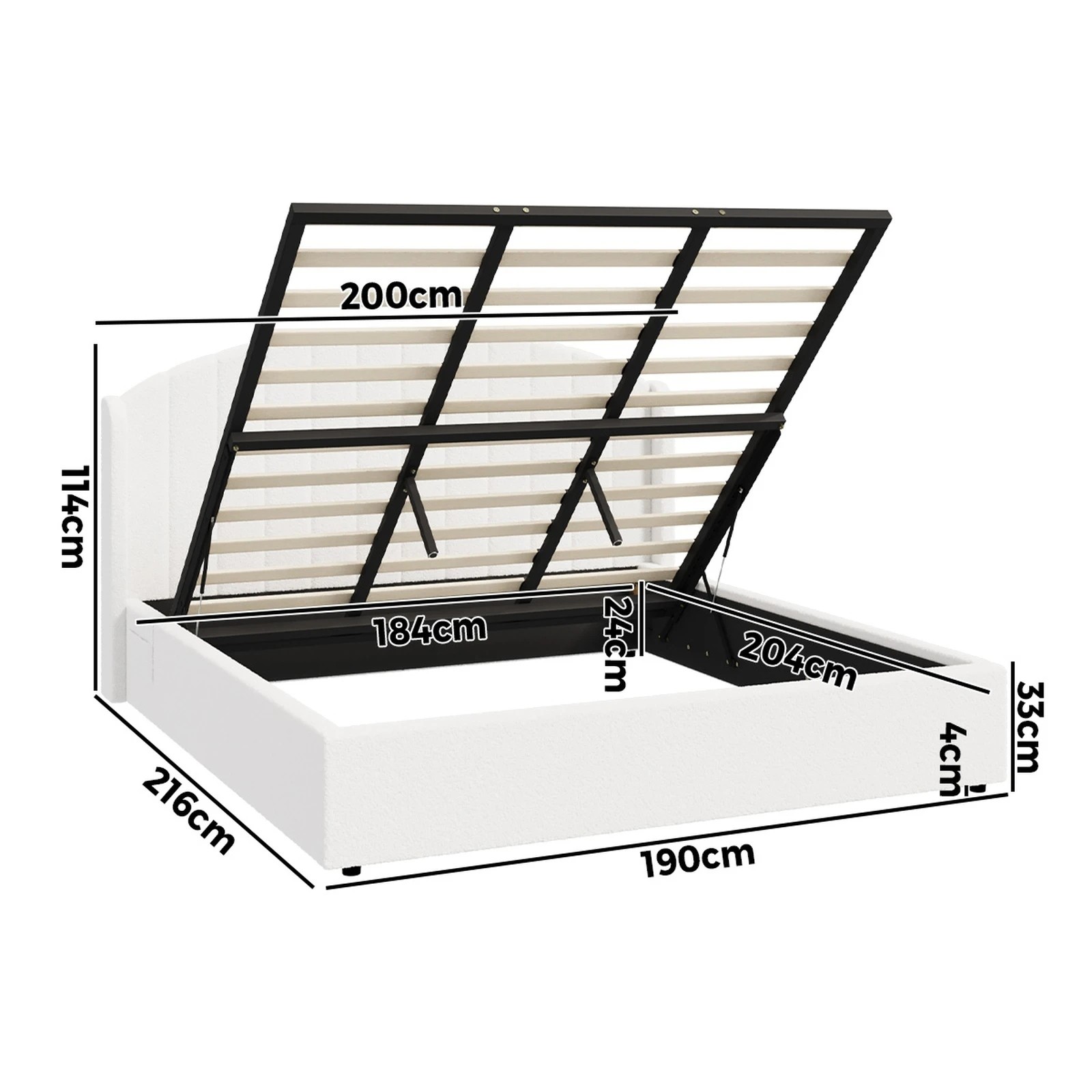 2 Oikiture Bed Frame King Size With Gas Lift Storage USB Charging Boucle - White, 2 of 8