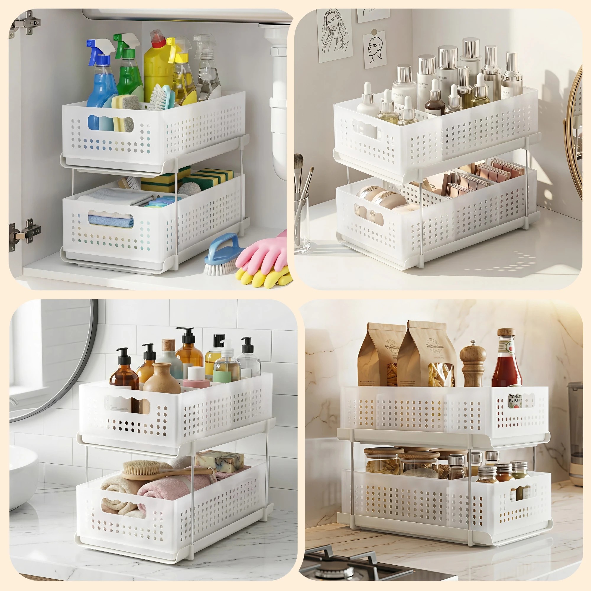 6 Artiss Under Sink Organizer 2 Tier Pull Out Drawer with Removable Baskets & Divider - White, 6 of 7
