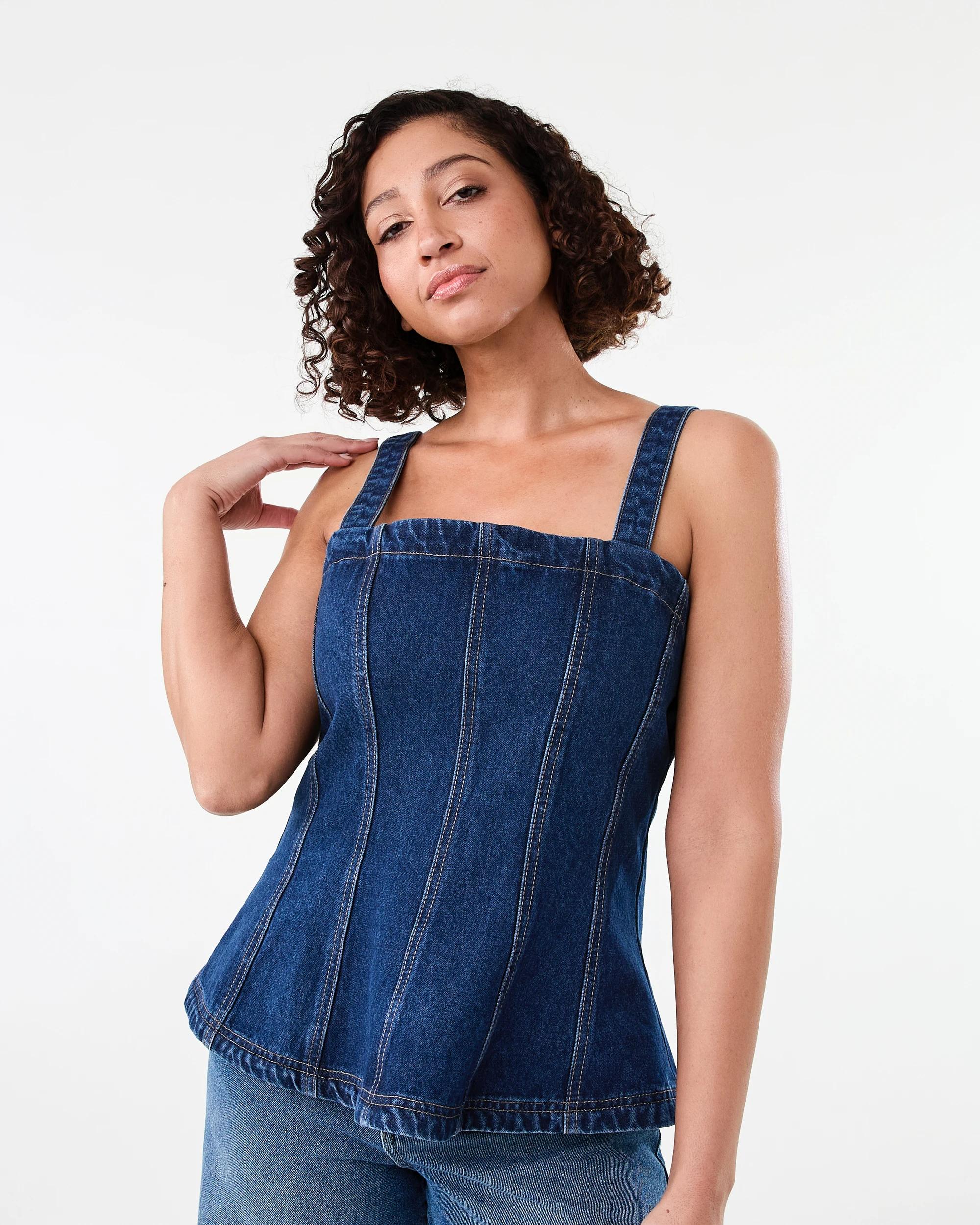 1 Sleeveless Denim Panel Top Dark Wash, 1 of 7