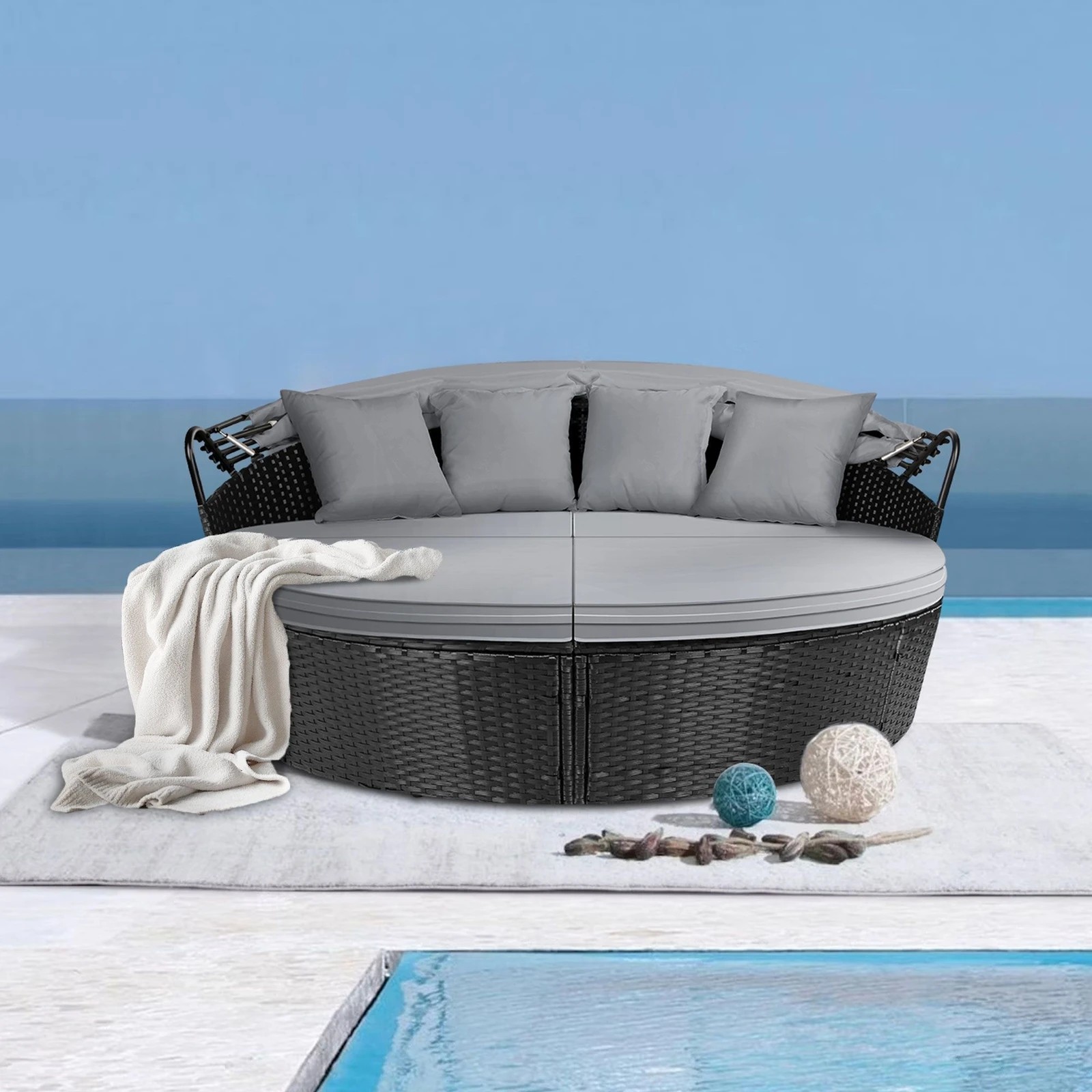 4 Alfordson Outdoor Sun Lounge Day Bed Wicker Furniture Sofa Bed Garden 3PCS - Black, 4 of 10