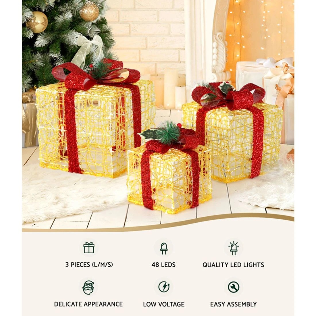 5 Jingle Jollys Christmas Lights Gift Box Set 3 PCS Set 48 LED Decorations - Gold, 5 of 7