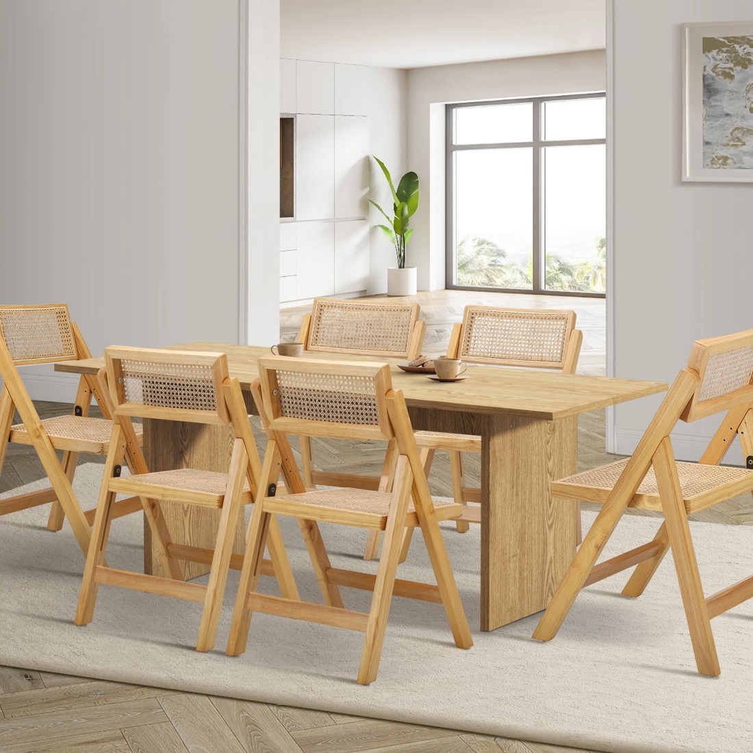 2 Oikiture 180cm Rectangular Dining Table With 6pcs Dining Chairs Foldable
 - Natural, 2 of 10