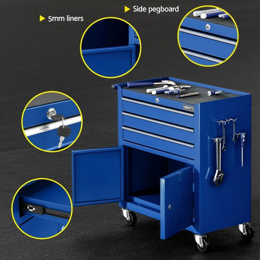 4 Giantz 3 Drawer Tool Box Cabinet Chest Toolbox Garage Storage Organiser - Blue, 4 of 4