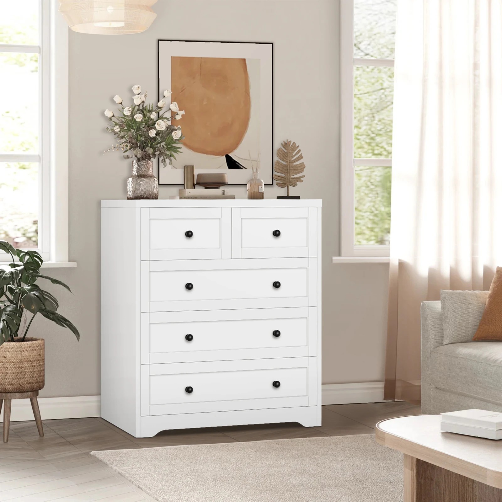 10 Alfordson 5 Chest of Drawers 2x Bedside Table Hamptons Bedroom Storage - White, 10 of 10
