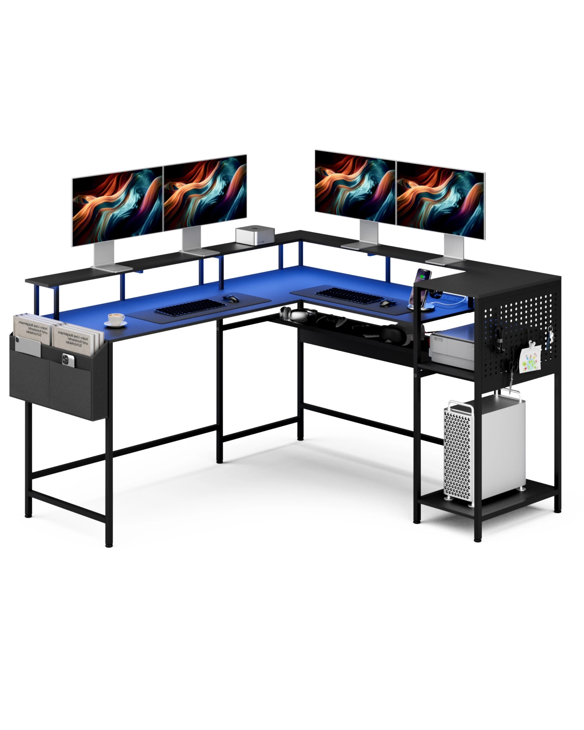 7 Advwin 150cm Convertible Gaming Computer Desk w/ LED Lights & Power Outlets  - Black, 7 of 10