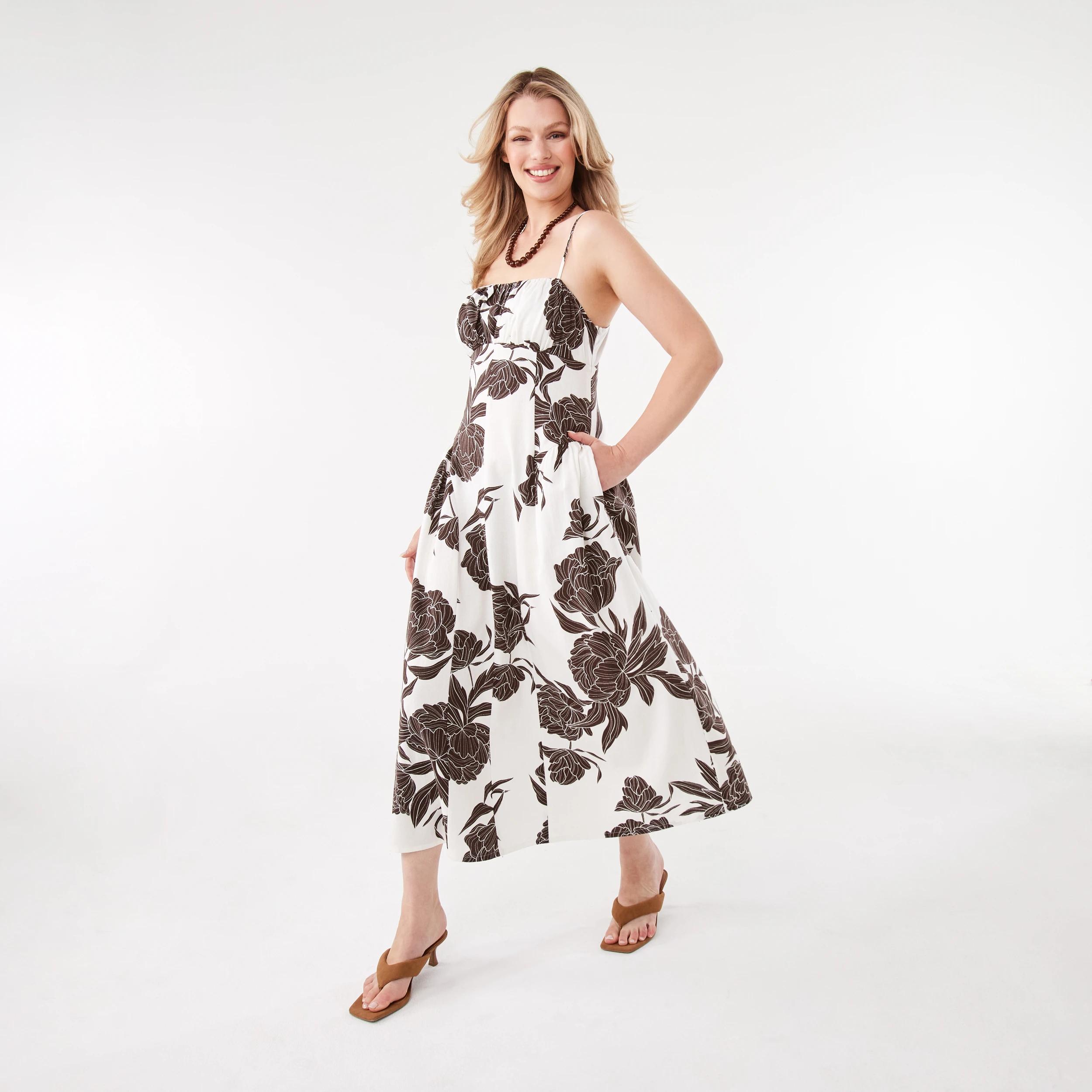 2 Sleeveless Gathered Bodice Midi Dress Choc Flrl, 2 of 6