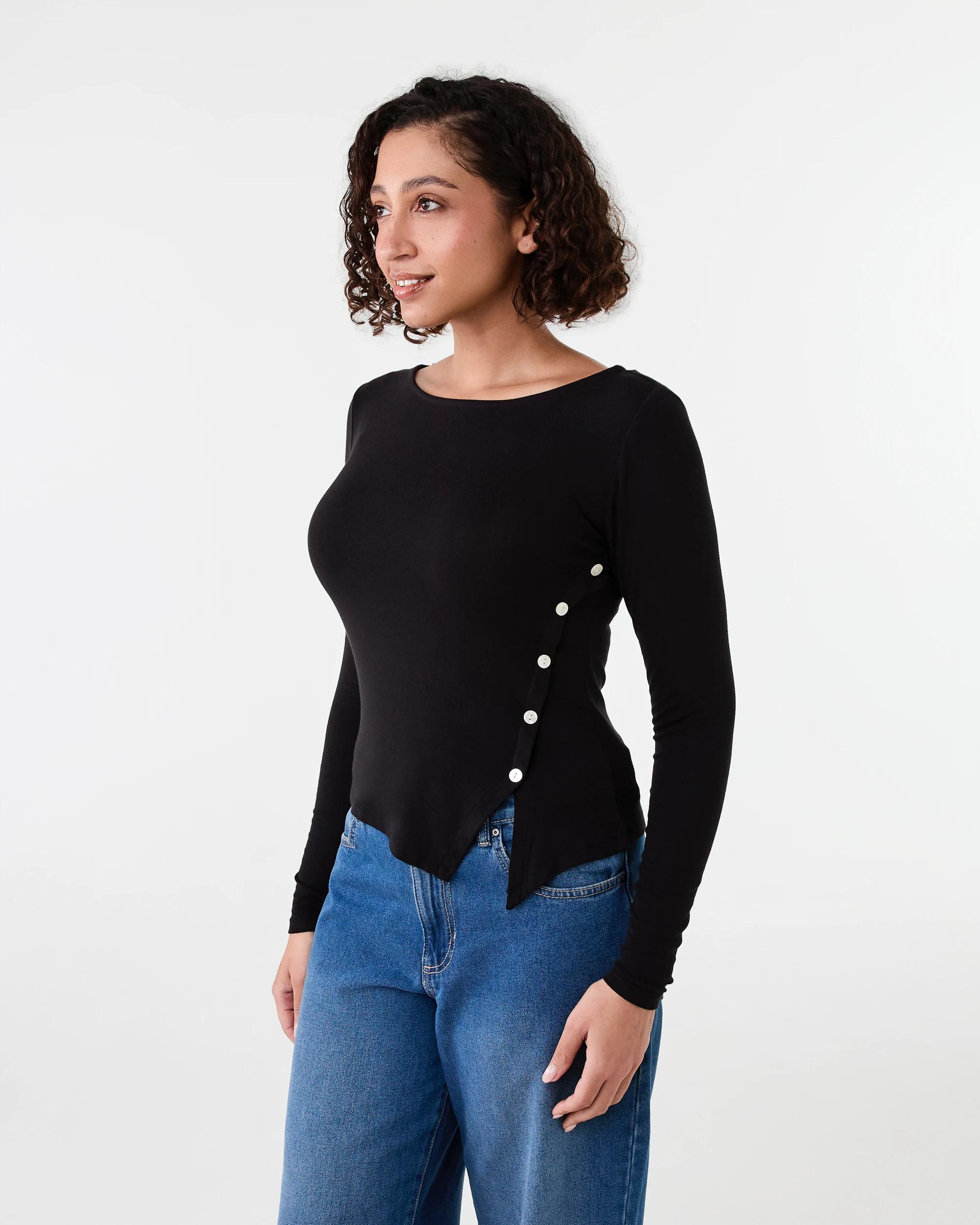 2 Long Sleeve Asymmetric Top Black, 2 of 6