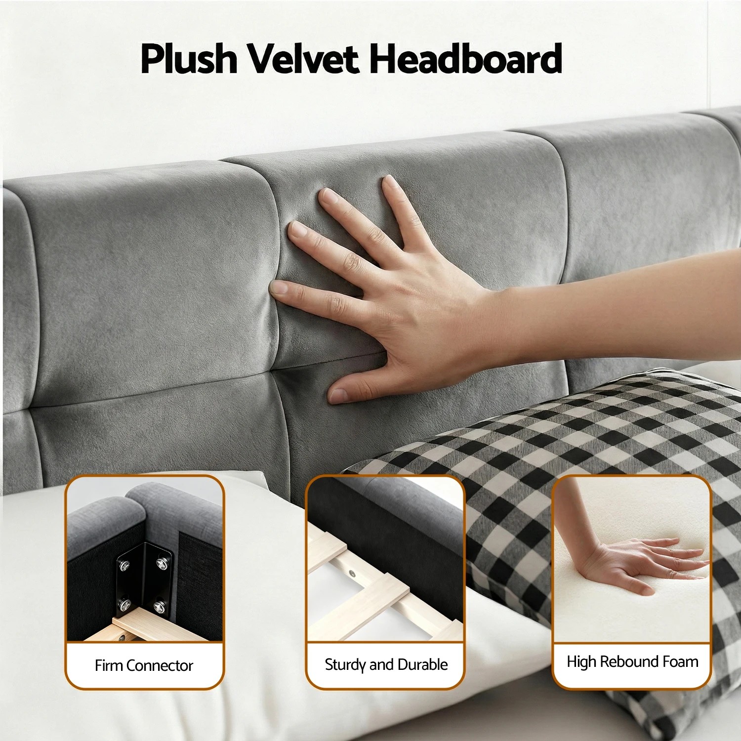 4 Artiss King Size Bed Frame Plush Soft Headboard Velvet Platform Base for Modern Bedrooms - Grey, 4 of 6