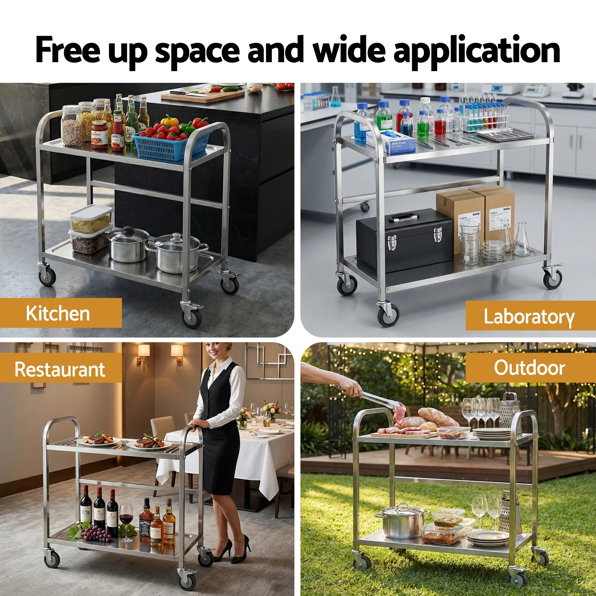 6 Cefito 2-Tier Stainless Steel Kitchen Trolley with Wheels 84x56x98cm - Silver, 6 of 6