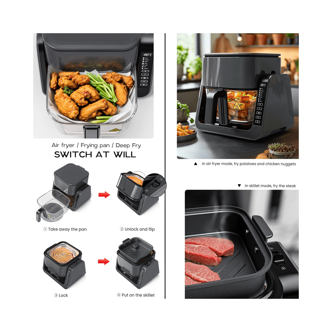 3 Advwin Dual Zone Air Fryer & Bbq Grill | Oil-less Top Grill & Bottom Fryer, 6l Digital Touch Screen Cooker, Grey, 3 of 9