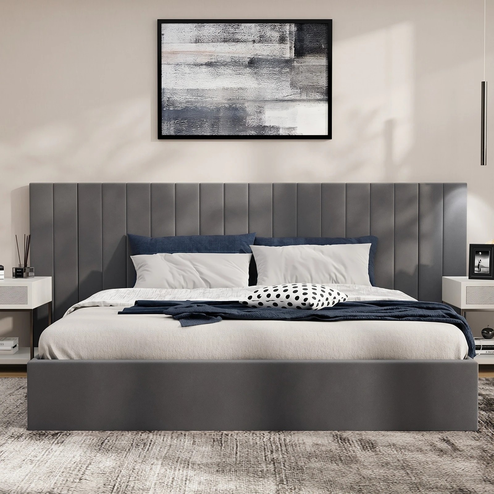 4 Oikiture King Bed Frame Gas Lift Base With Storage Oversized Headboard - Grey, 4 of 7
