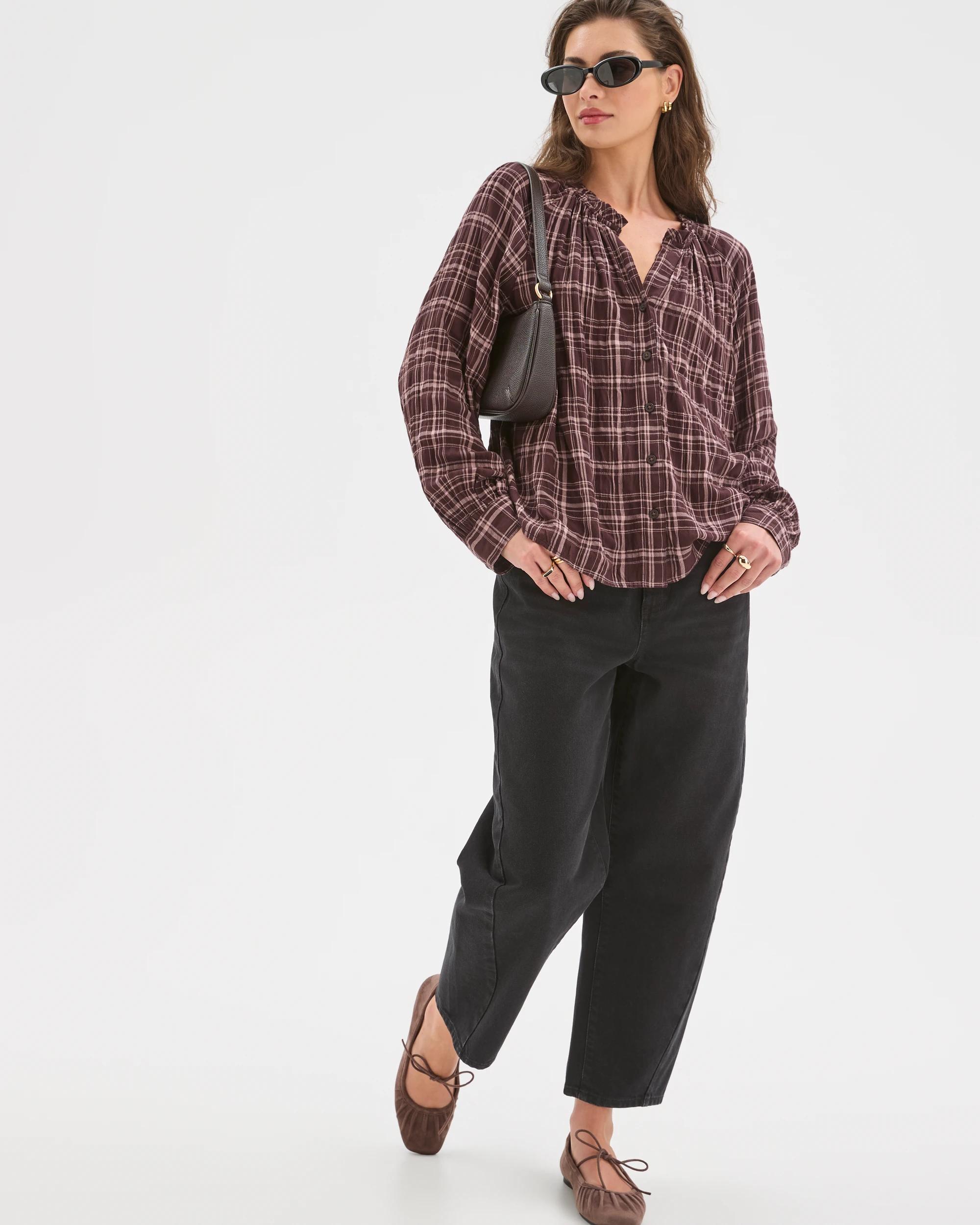 2 Target Petites Petites Long Sleeve Tie Cuff Blouse CHOCOLATE PLUM CHECK, 2 of 7