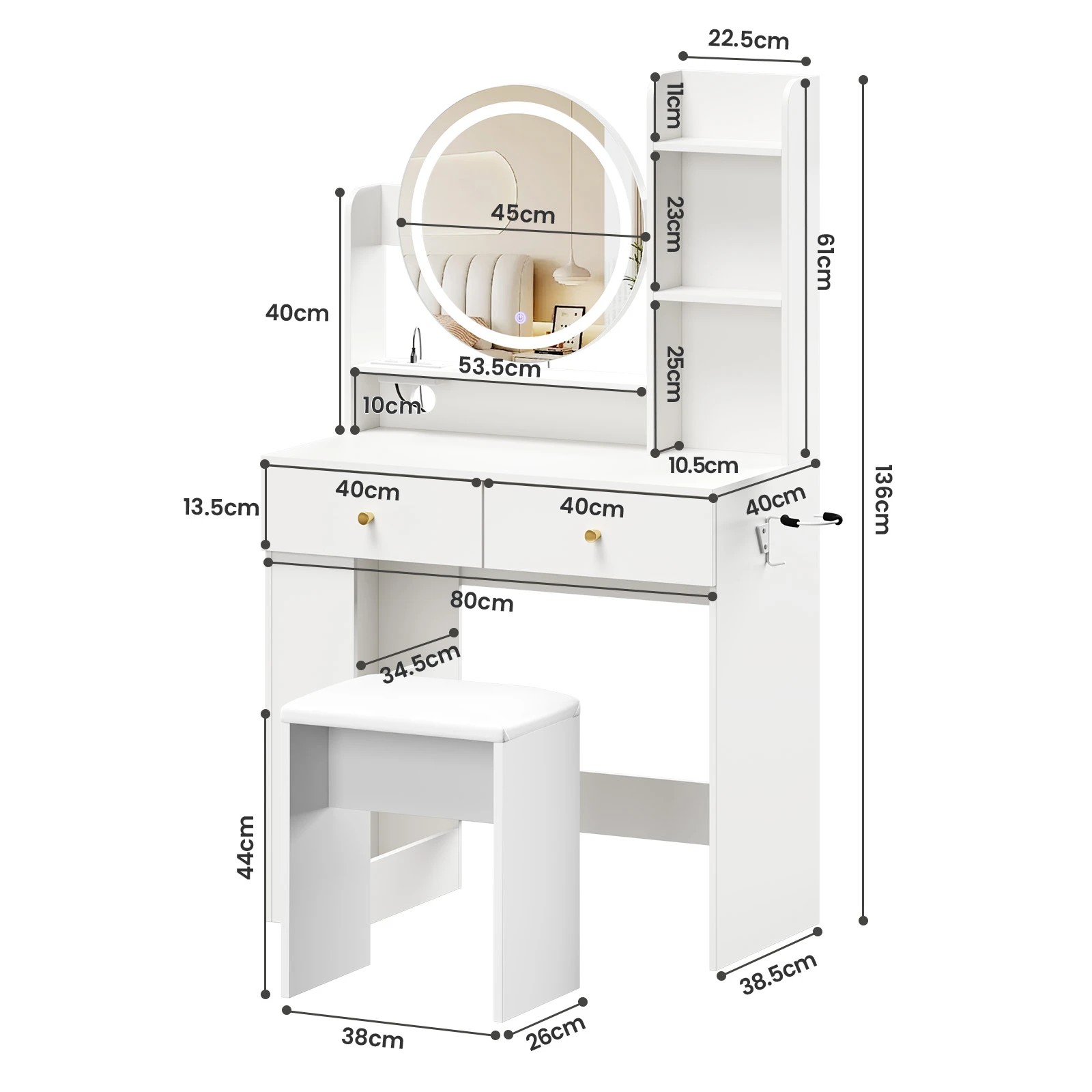 3 Advwin Dressing Table Set with LED Lighted Round Mirror - White, 3 of 9