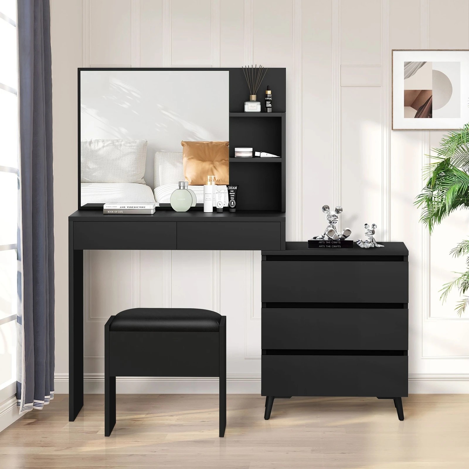 8 Alfordson Dressing Table Stool Set Makeup Mirror Desk Storage Drawers - Black, 8 of 10