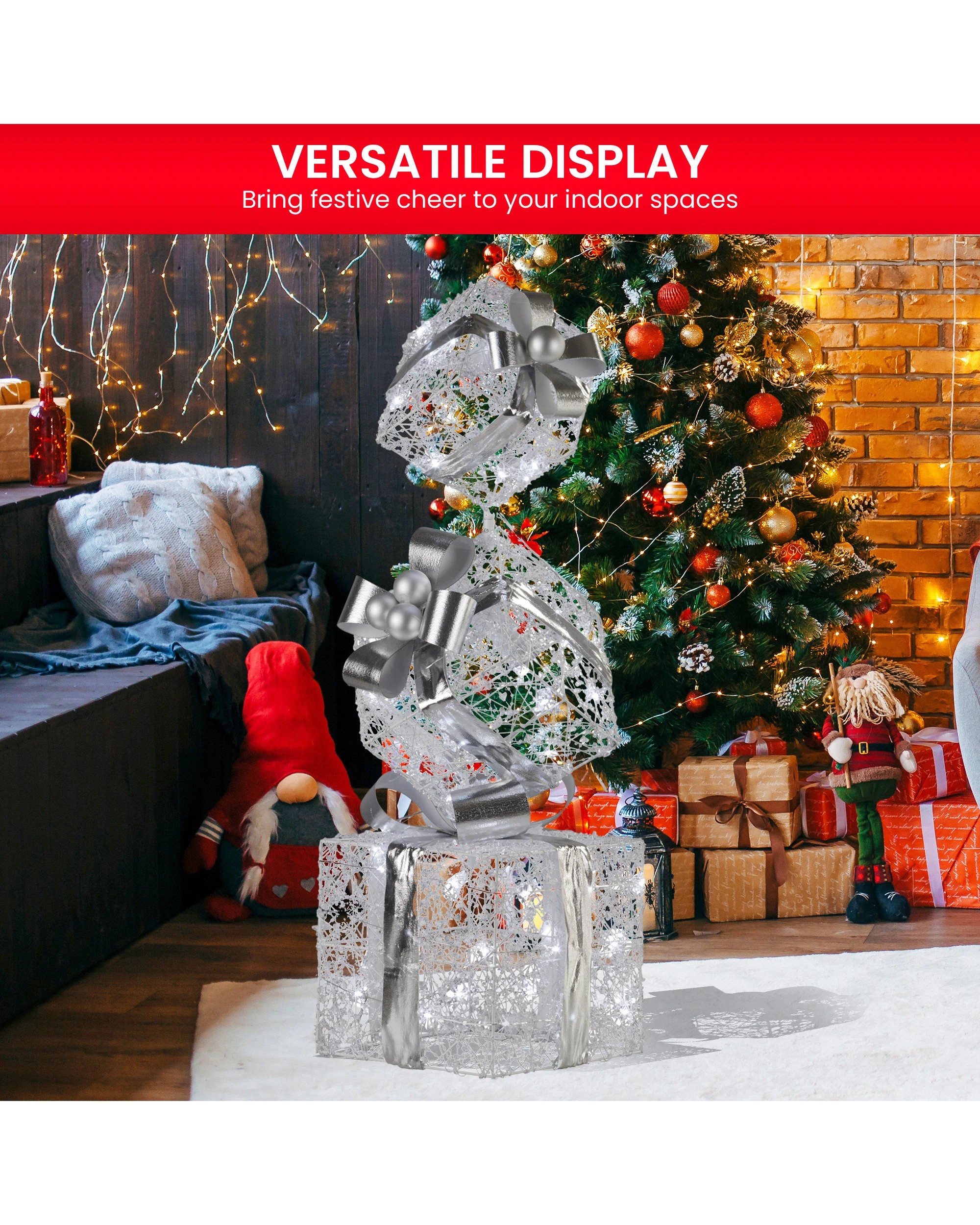 6 Christabelle 83cm Triple Christmas Silver Giftbox Stack Display With Lights, 6 of 7