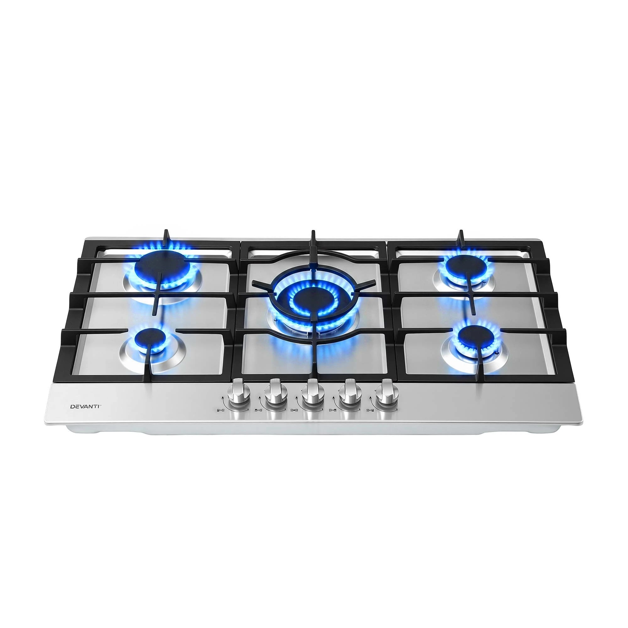4 Devanti 90cm Gas Cooktop 5 Burner LPG NG Stainless Steel Hob Cast Iron Pan Support - Silver, 4 of 9