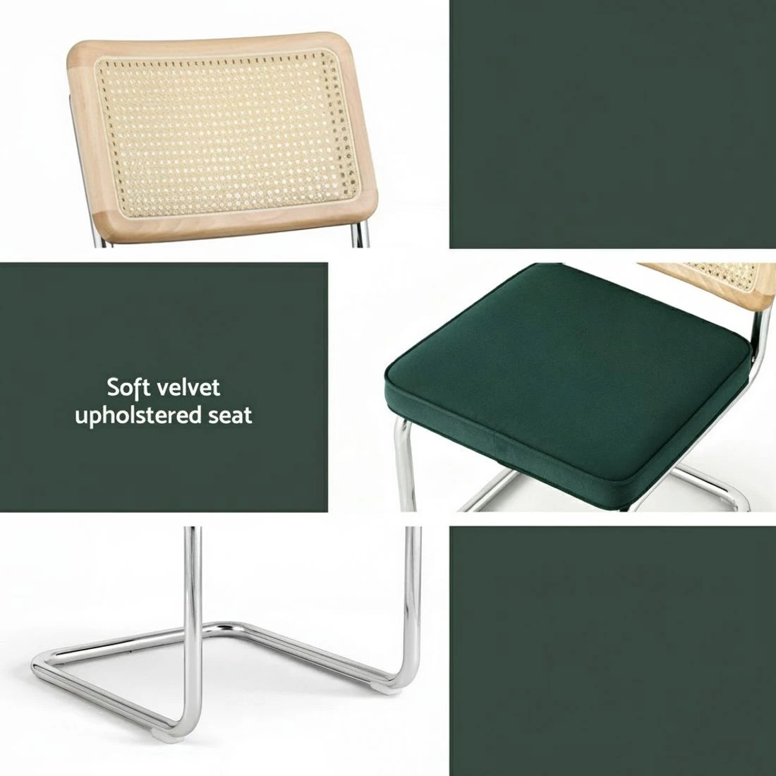 6 Artiss Dining Chairs Set of 2 Velvet Rattan Cantilever Green - Green, 6 of 6