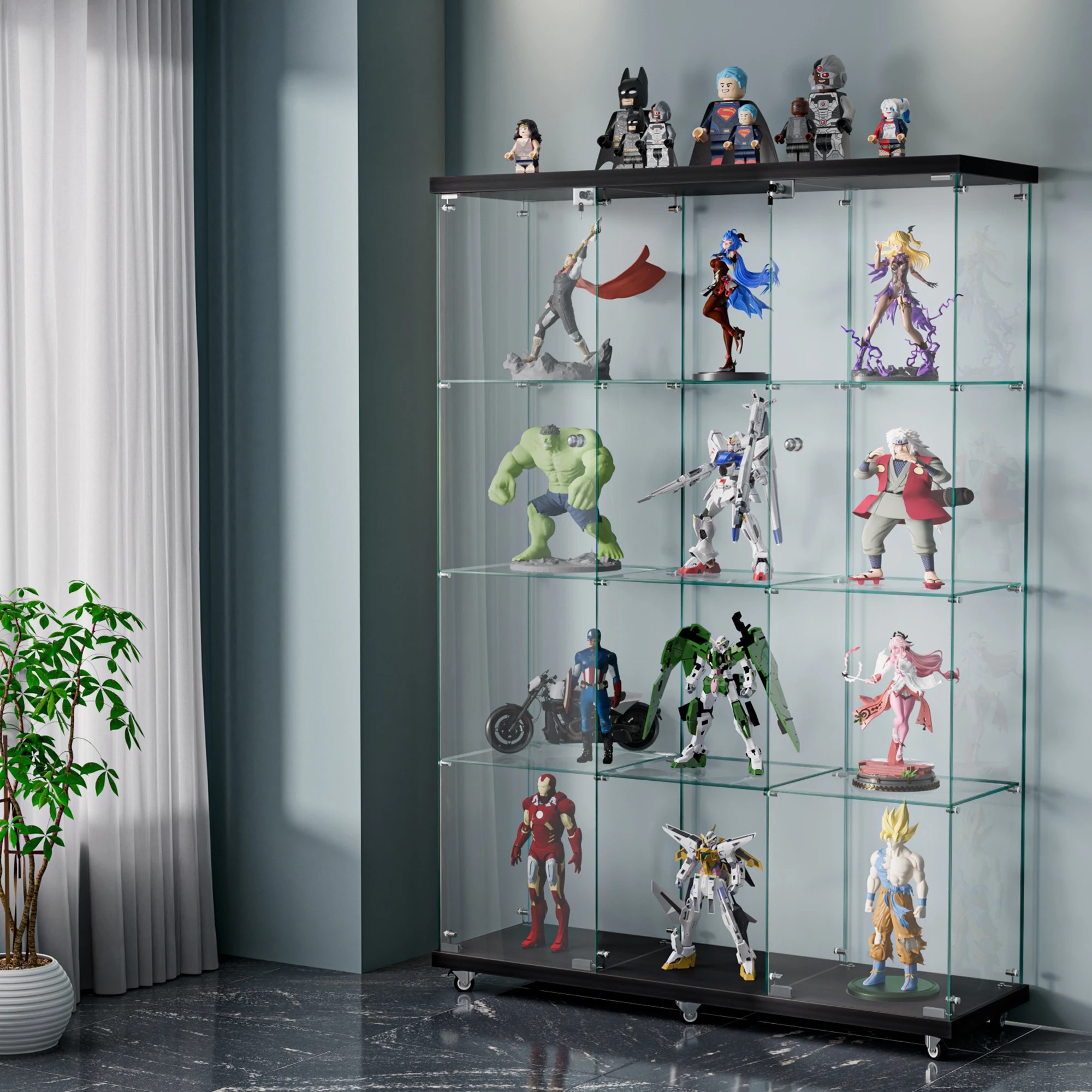 7 Stacked Glass Display Cabinet 4 Tier Lockable Wheeled Key Showcase Storage 169cm, 7 of 9