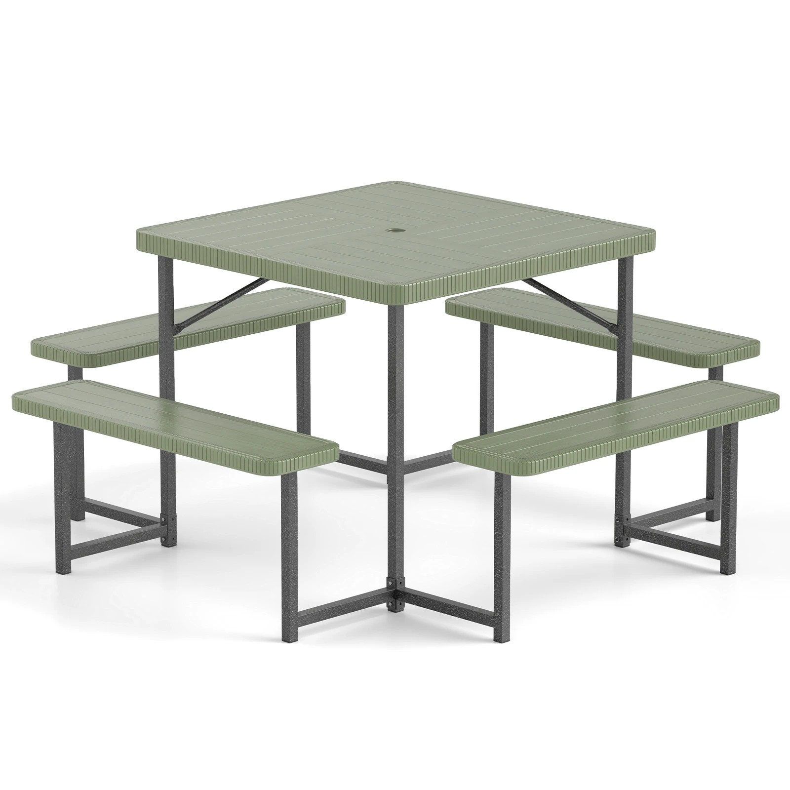 1 Costway Picnic Table Bench Set for 4-8 People w/All-Weather HDPE Tabletop & Umbrella Hole - Green, 1 of 3
