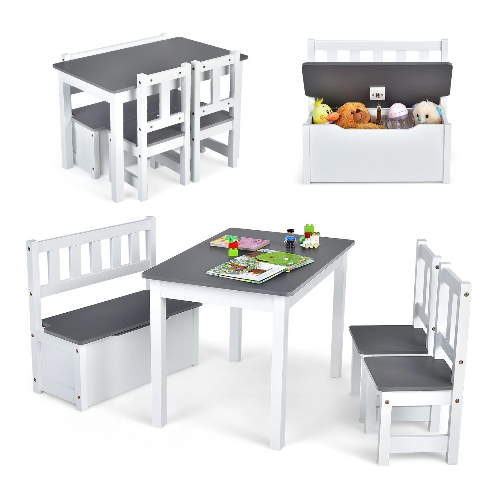1 Costway 4PCS Kids Table Chairs Toy Storage Box Bench Set, 1 of 6