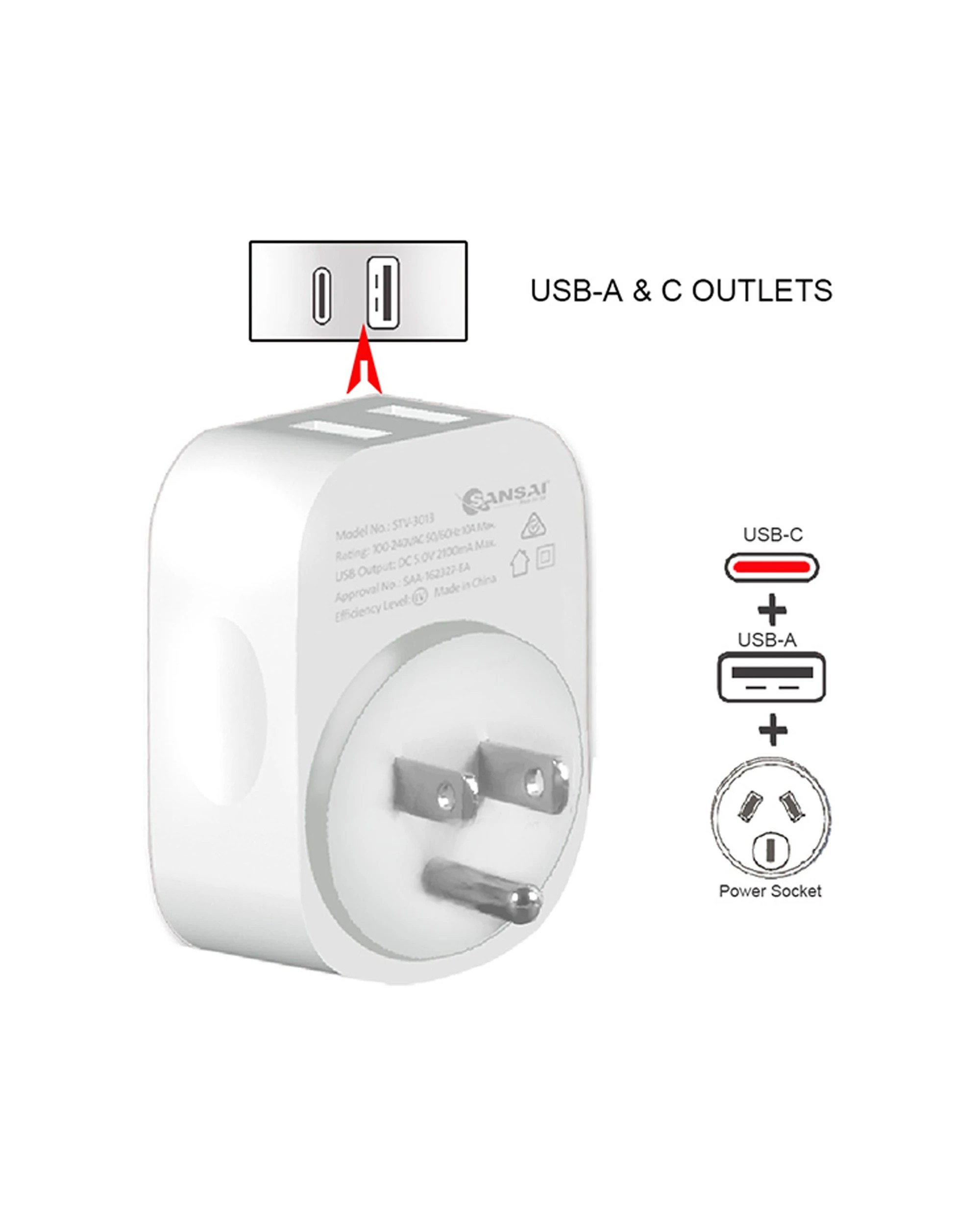 3 Sansai Surge Protected Travel Adapter with USB-C And USB-A Port AU USA Region - White, 3 of 3