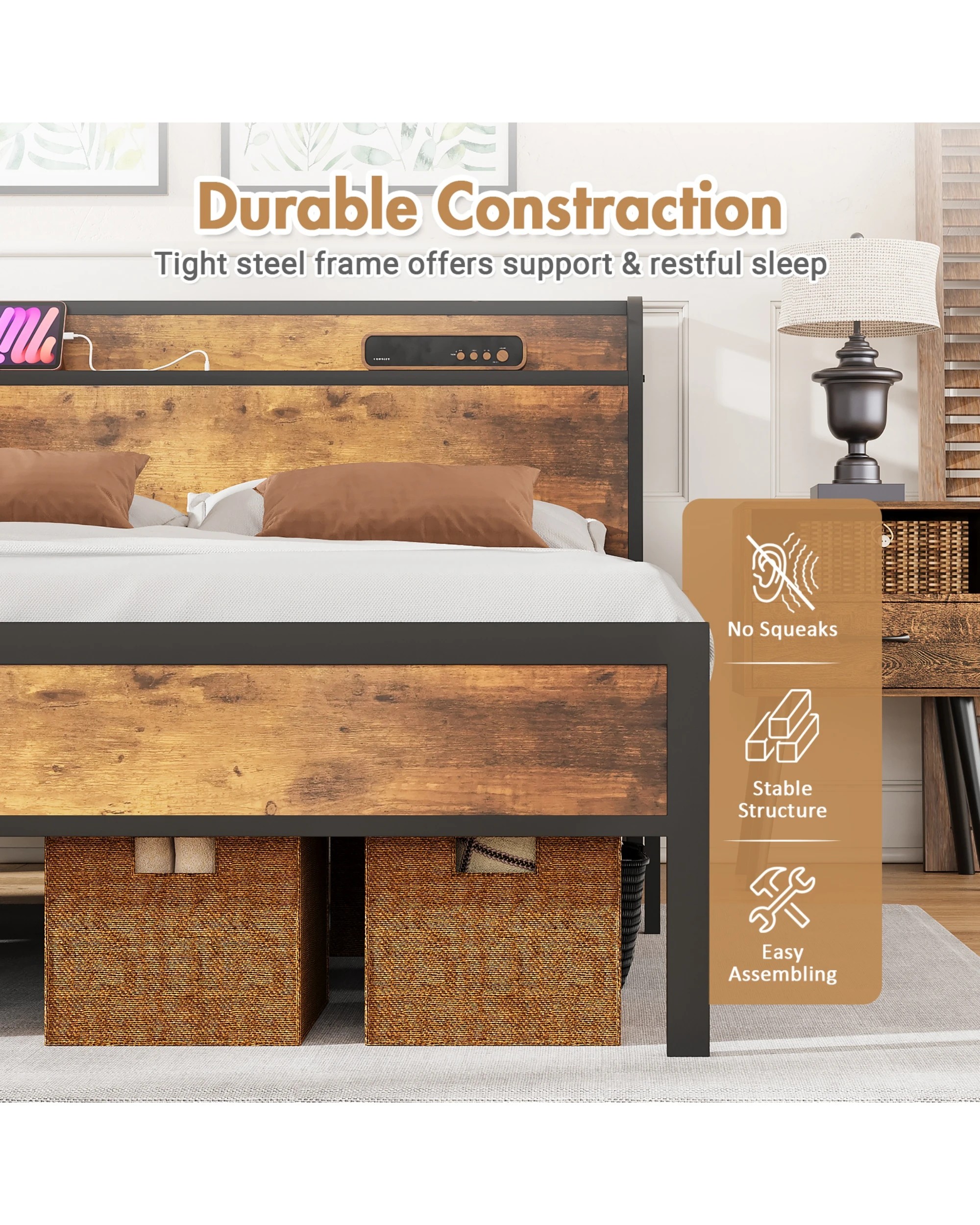 5 Advwin Queen Metal Bed Frame Storage Headboard With Charging Station And Usb Ports, 5 of 7