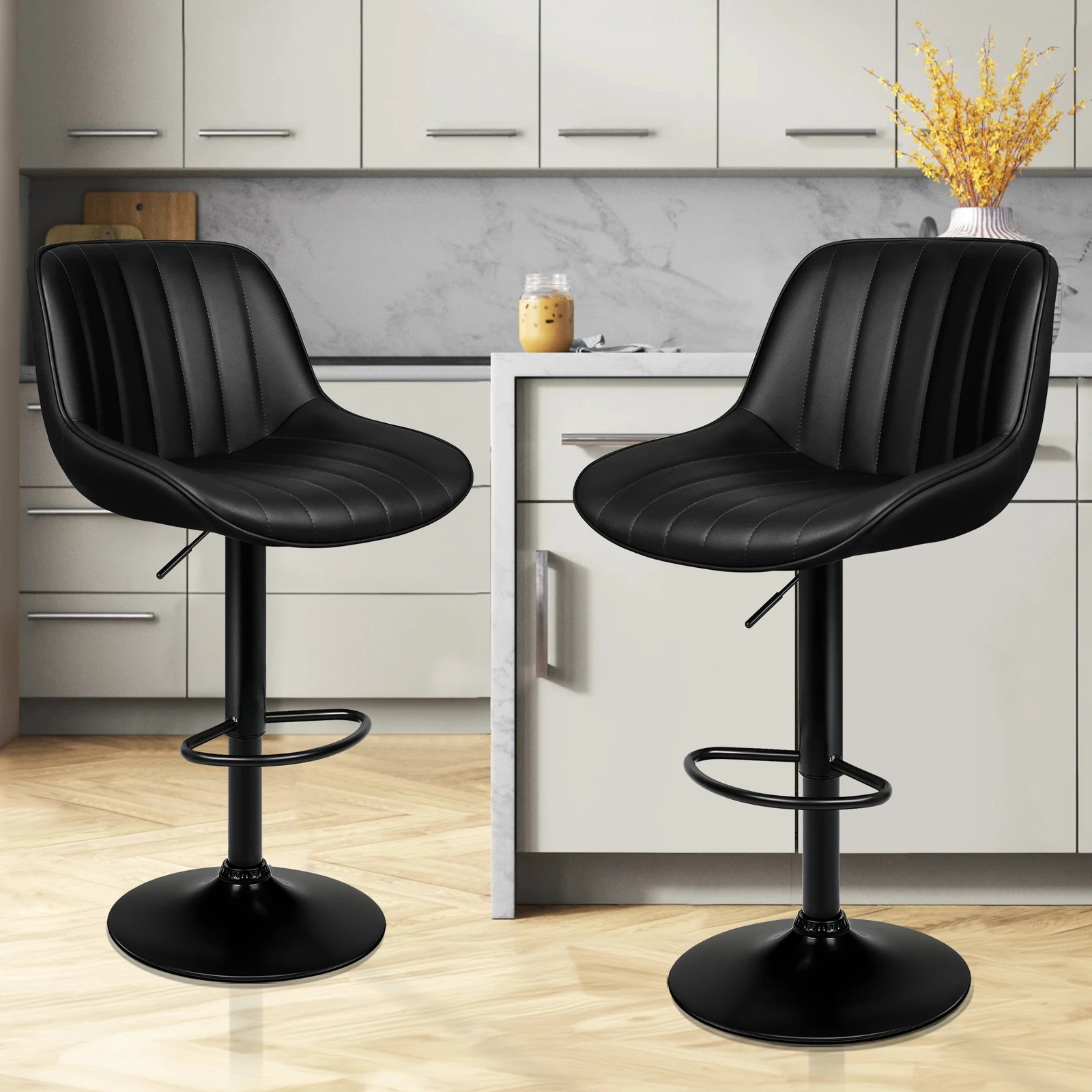 4 Alfordson 2x Bar Stools Gas Lift Leather Bar Chairs Kitchen Swivel - Black, 4 of 10