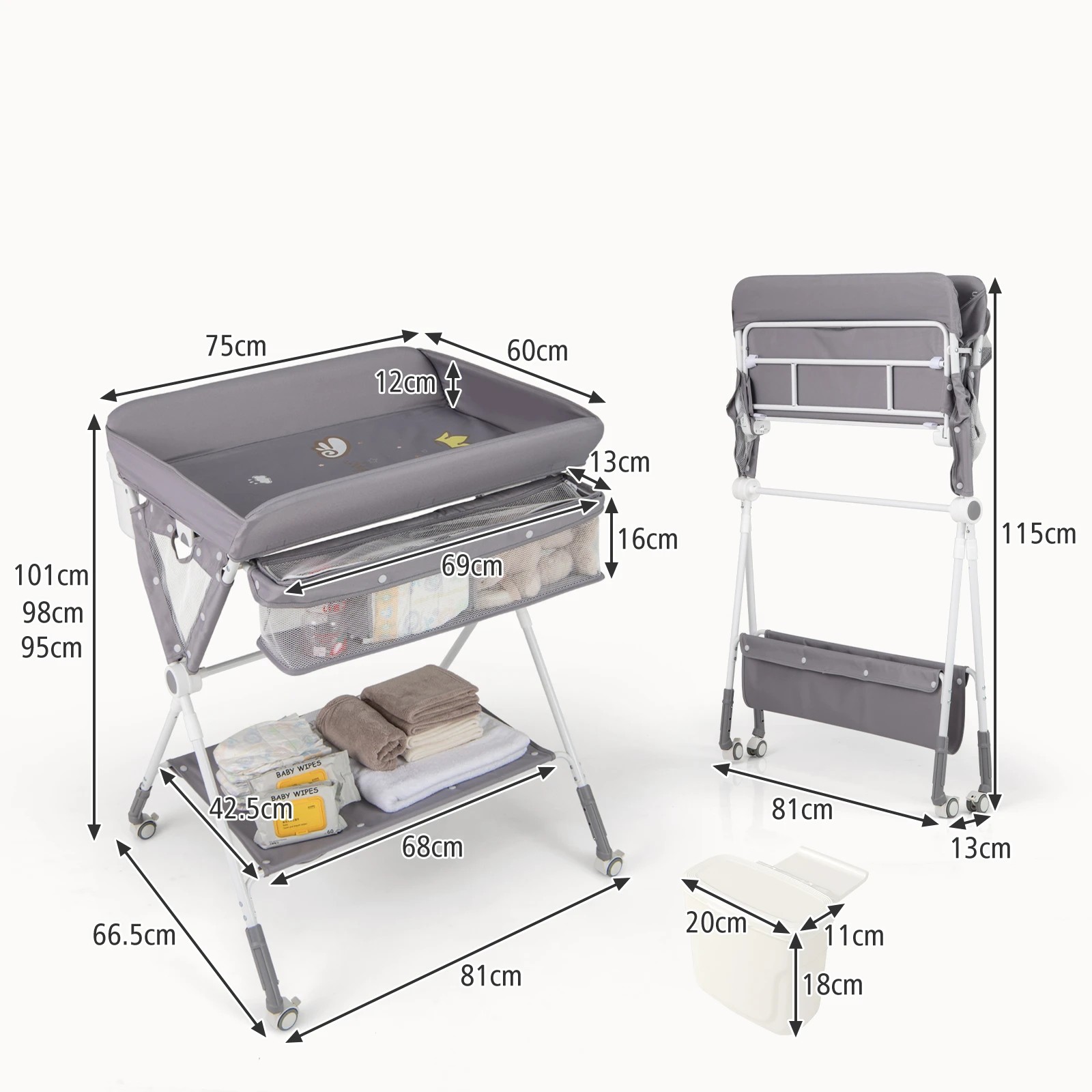 4 Costway Foldable Changing Table Diaper Organizer w/Wheels, 4 of 5