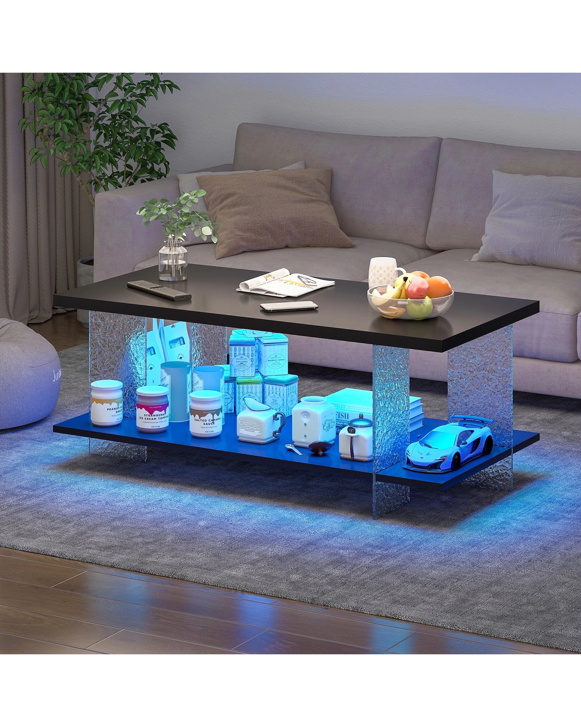 2 Advwin 95cm LED Coffee Table w/ Acrylic Frame & Open Display Shelf - Black, 2 of 8