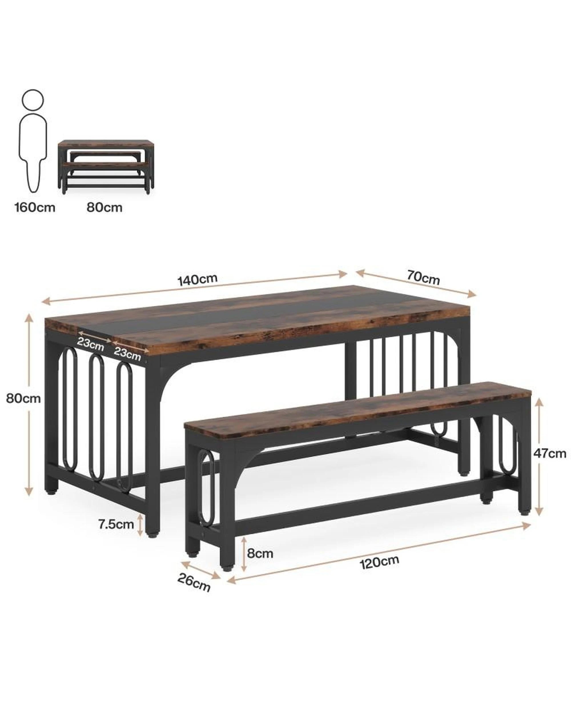 5 OAKORY 3-Piece Dining Table Set for 4, Farmhouse Kitchen Table with 2 Benches for Small Space Brown, 5 of 7