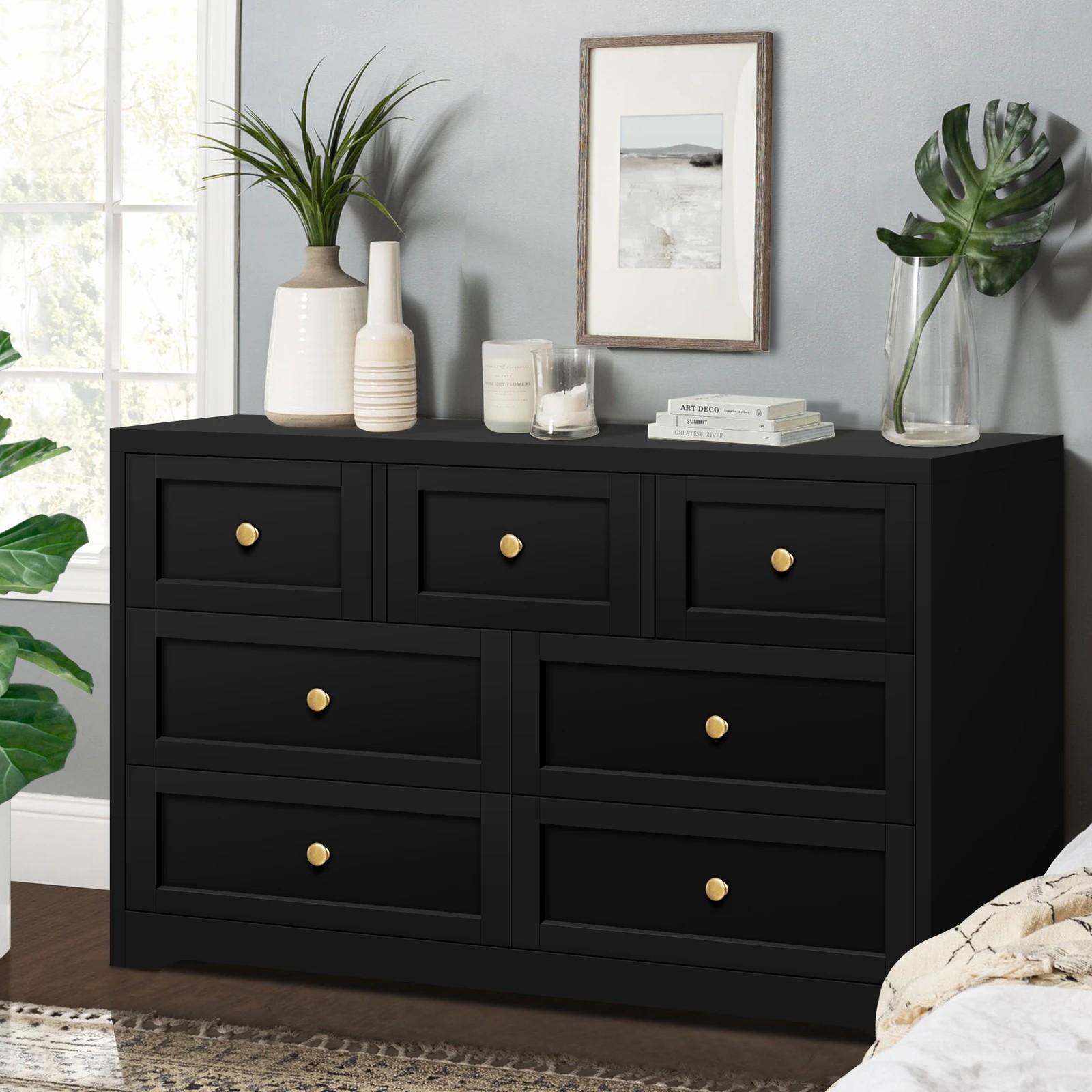 2 Alfordson 7 Chest of Drawers Hamptons Storage Cabinet Dresser Tallboy - Black, 2 of 8