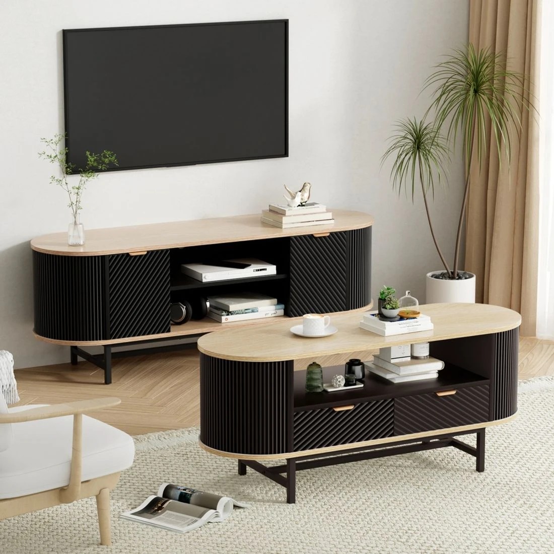 9 Artiss TV Unit Entertainment Unit Storage Cabinet Black - Brown, 9 of 10