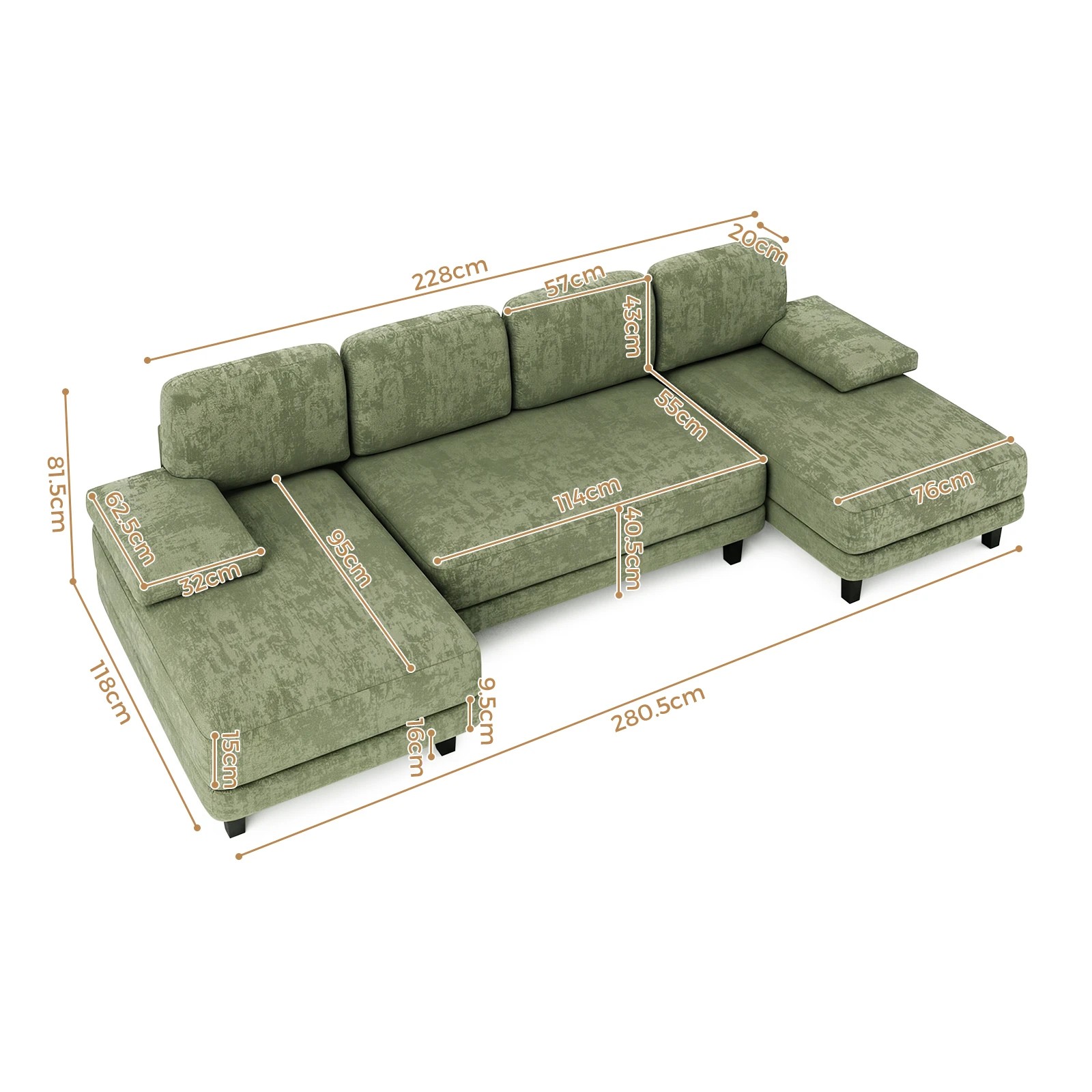 8 Advwin Sectiona Sofa 4-Seat Chenille Fabric U Shape Couch 280cm - Green, 8 of 9