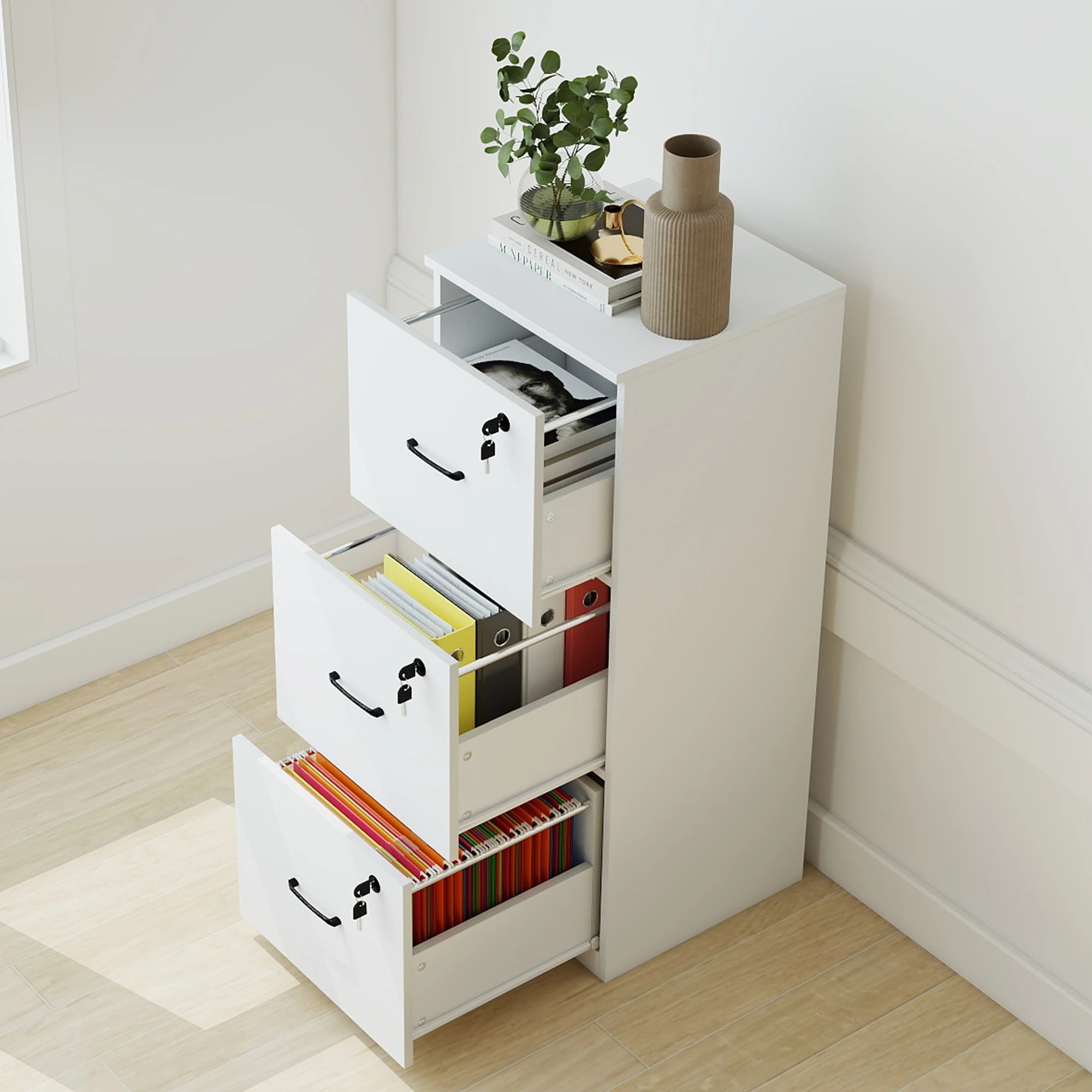 7 Levede File Cabinet 3 Lockable Drawers - White, 7 of 10