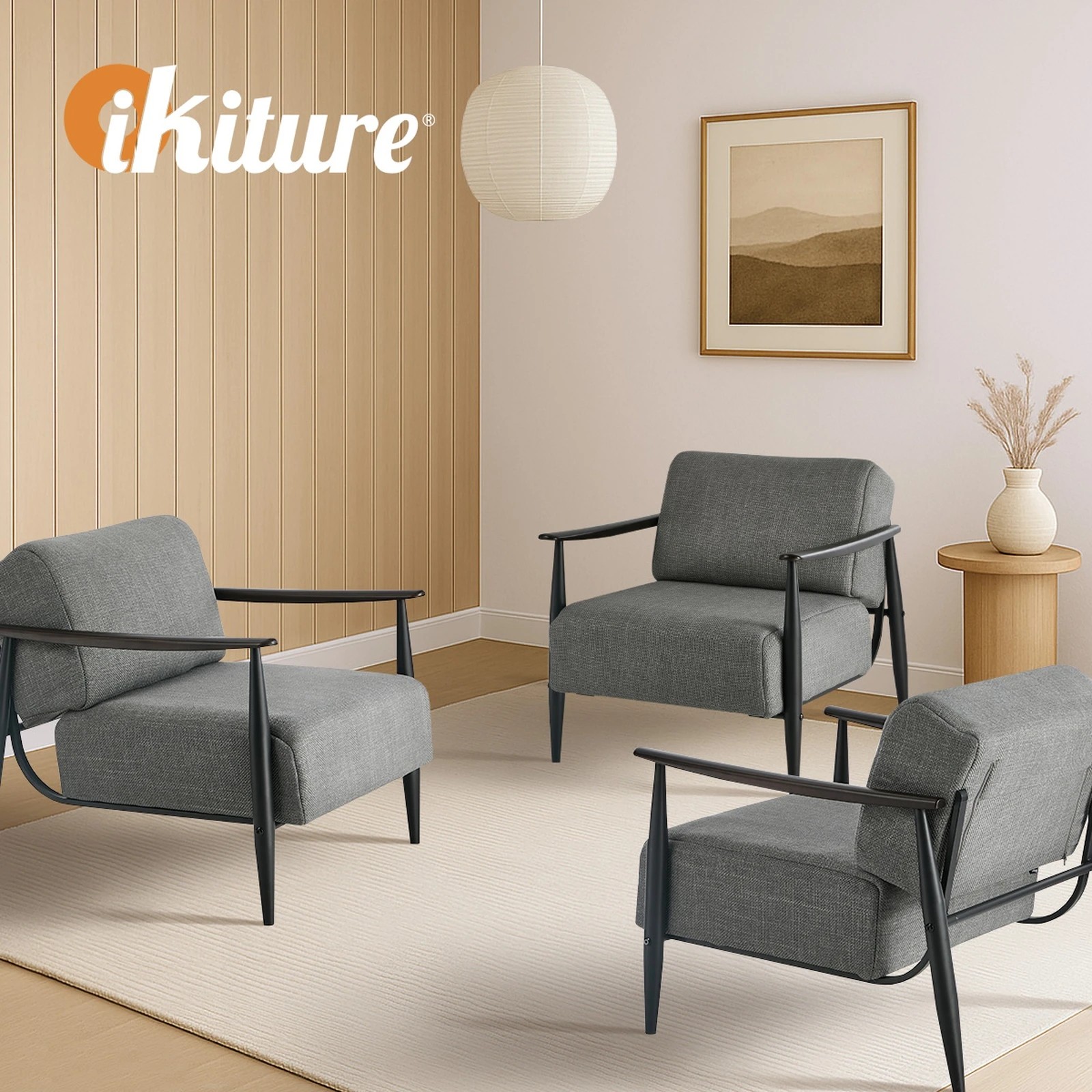 6 Oikiture Wooden Armchair Lounge Sofa Chair Fabric Accent Armchairs - Grey, 6 of 10