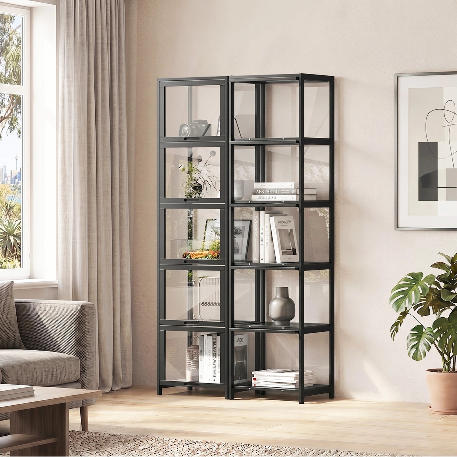 4 Oikiture Display Cabinet Storage 5-Tier Shelves Bookcase Clear Stand Rack - Black, 4 of 8