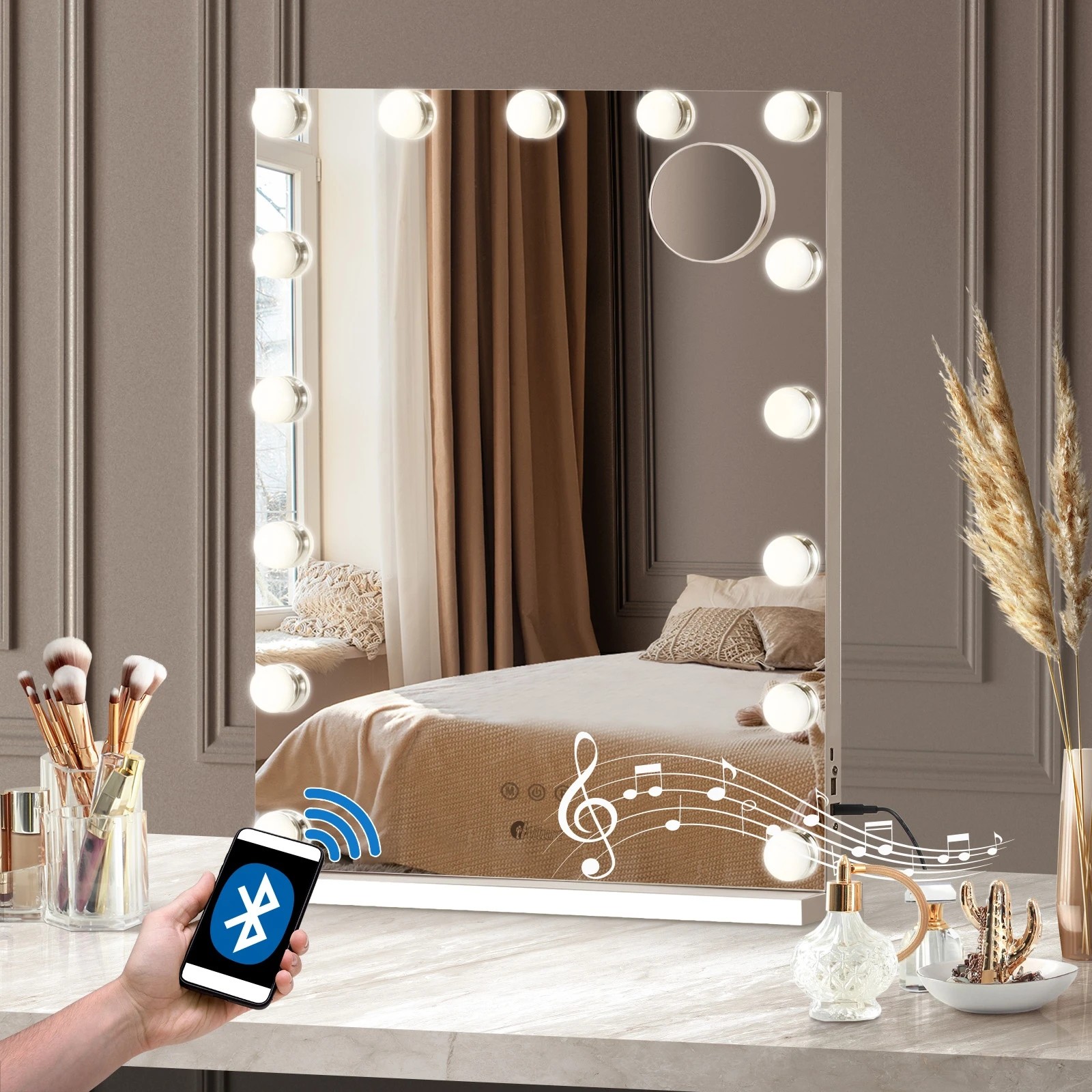 2 Oikiture Led Makeup Mirror Bluetooth Hollywood 61x43cm Vanity Wall Mirrors
 - White, 2 of 7