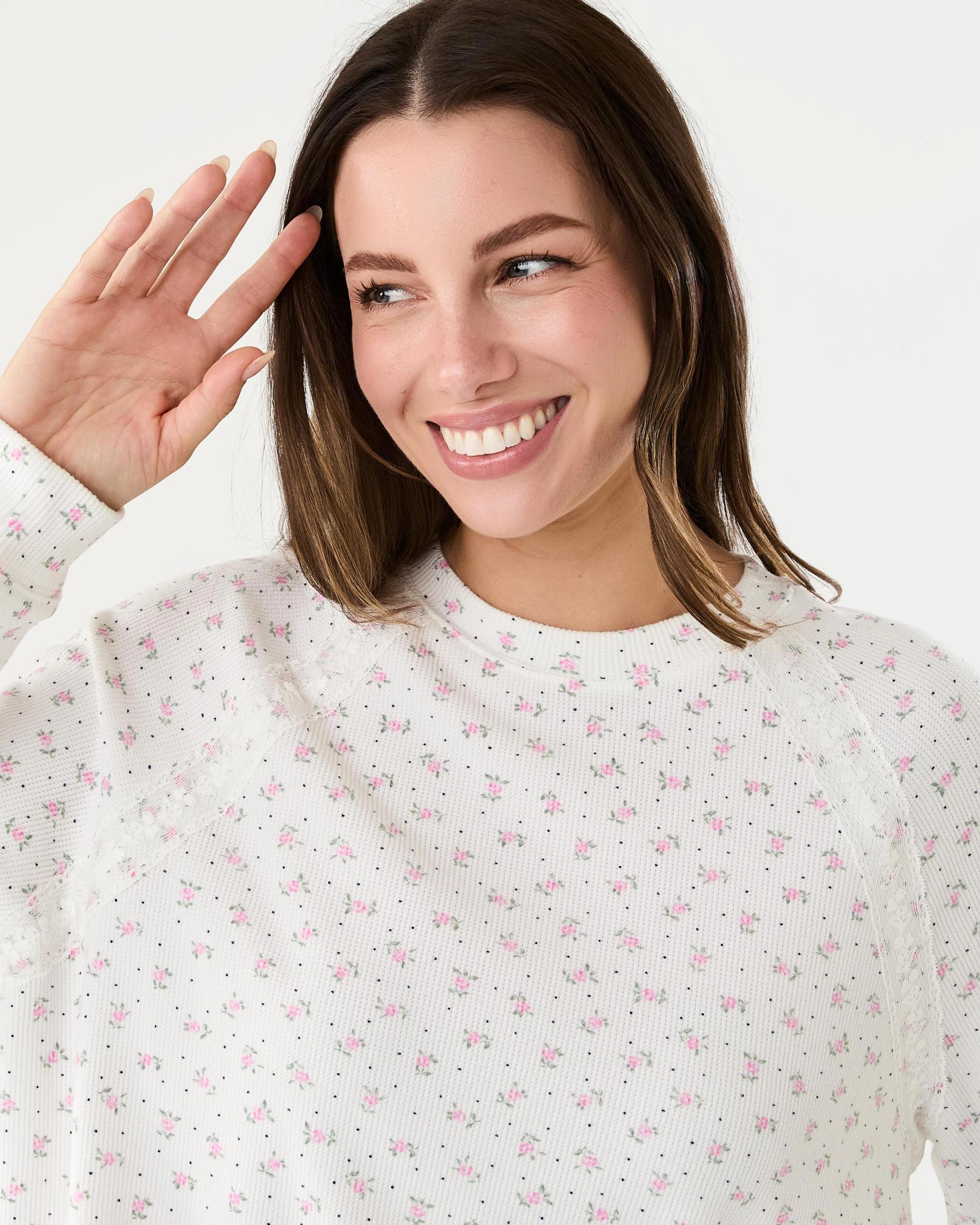 4 Long Sleeve Waffle Lace Lounge Top Rose Spot, 4 of 9