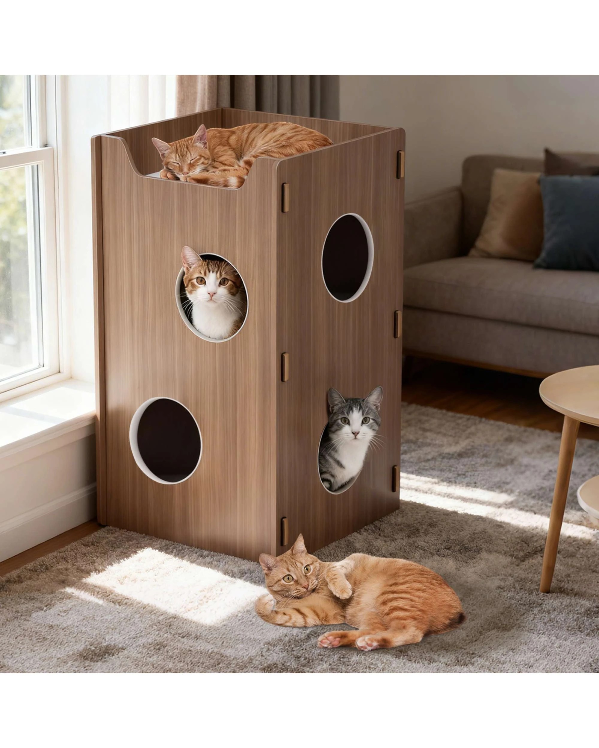 3 Advwin Wooden Cat House Tree Hole Warm Pet Bed Double Bucket Style Cat Sleeping Cave, 3 of 8