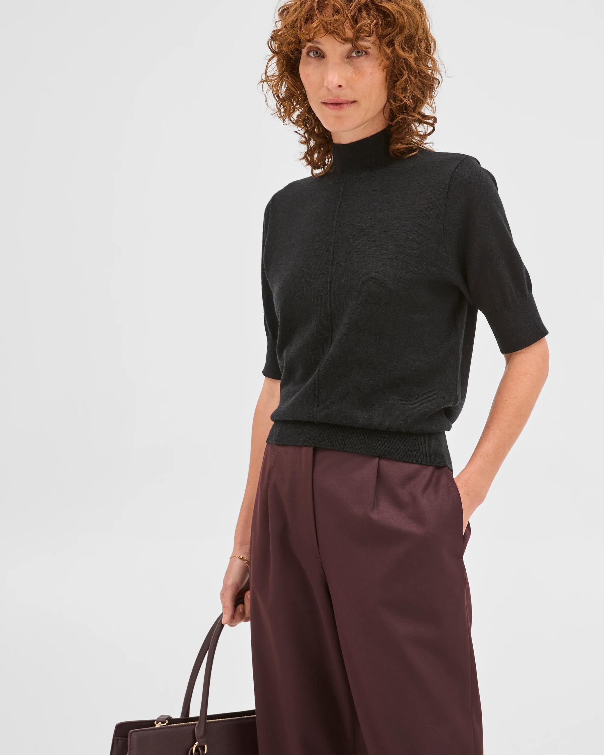 1 Preview Merino Wool Mock Neck Stitch Detail Top BLACK, 1 of 6