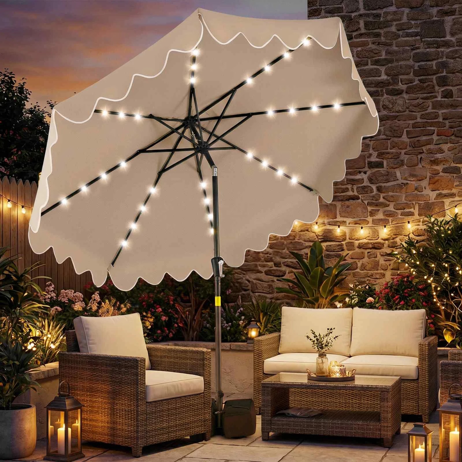 2 Costway 2.7M Outdoor Patio Umbrella Tilt w/32 Solar LED Lights & Weighted Base - Brown, 2 of 2