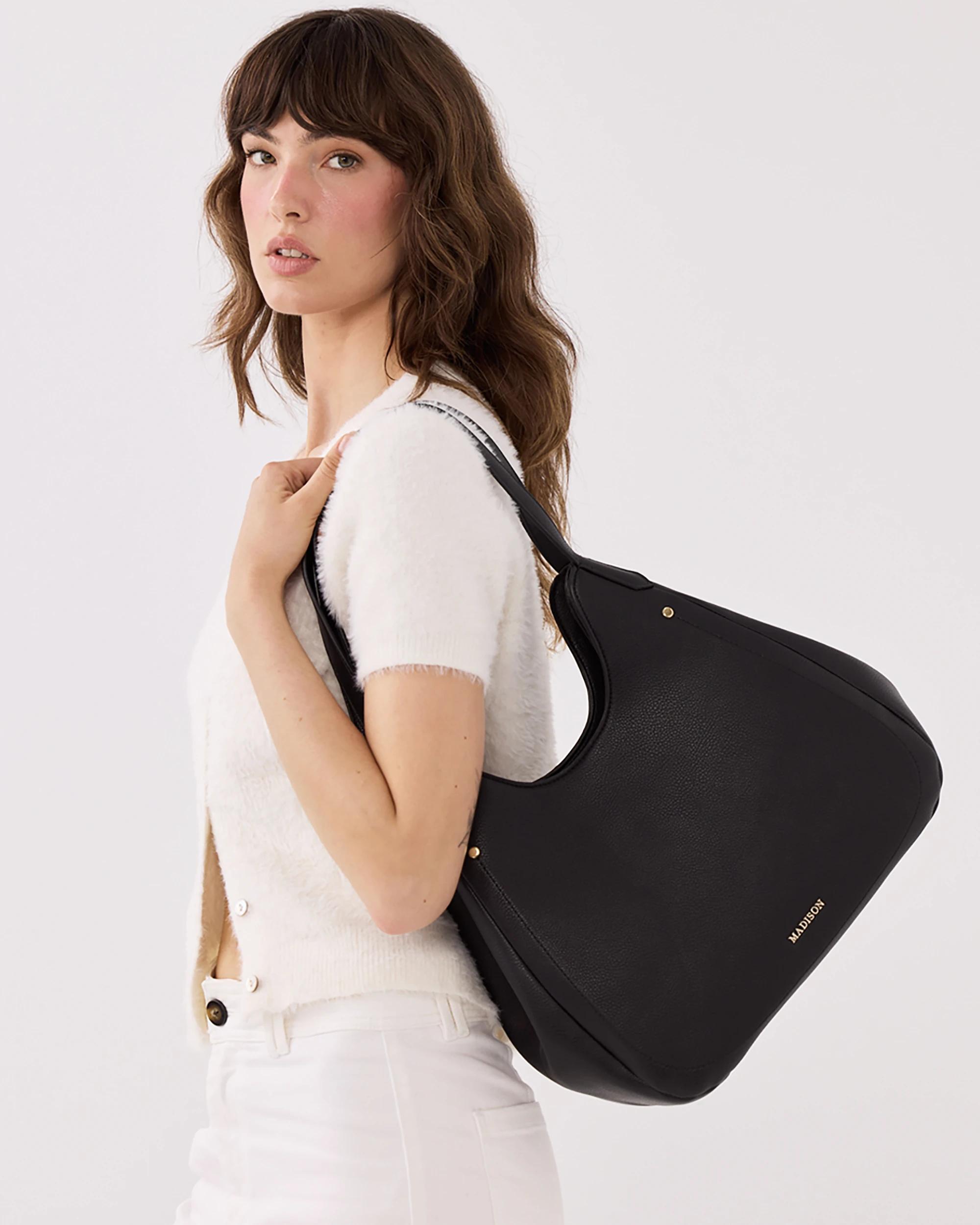 2 Madison Accessories Angela Large 3 Compartment Hobo Soft Shoulder Bag BLACK, 2 of 7