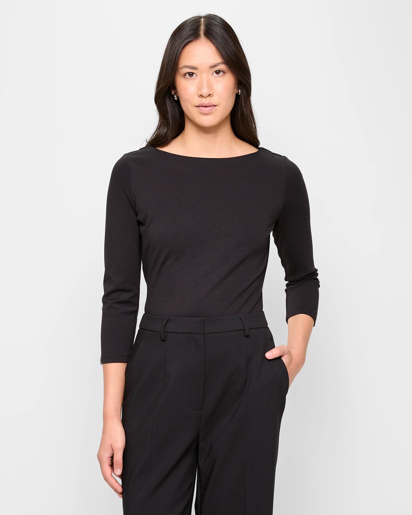 1 3/4 Sleeve Boat Neck Ponte Top - Preview BLACK, 1 of 5