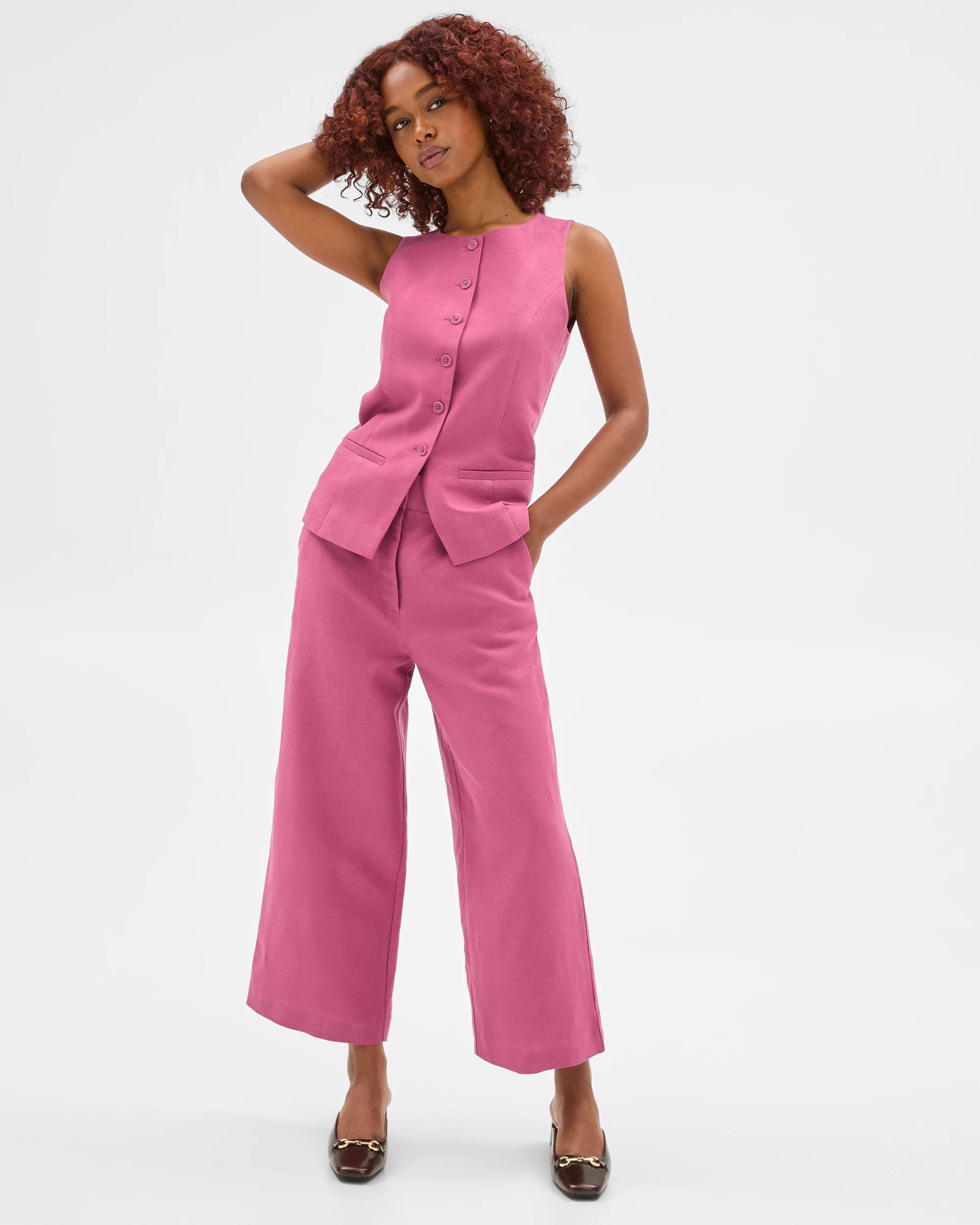 3 Target Petites Linen Blend Button Front Vest BERRY, 3 of 6