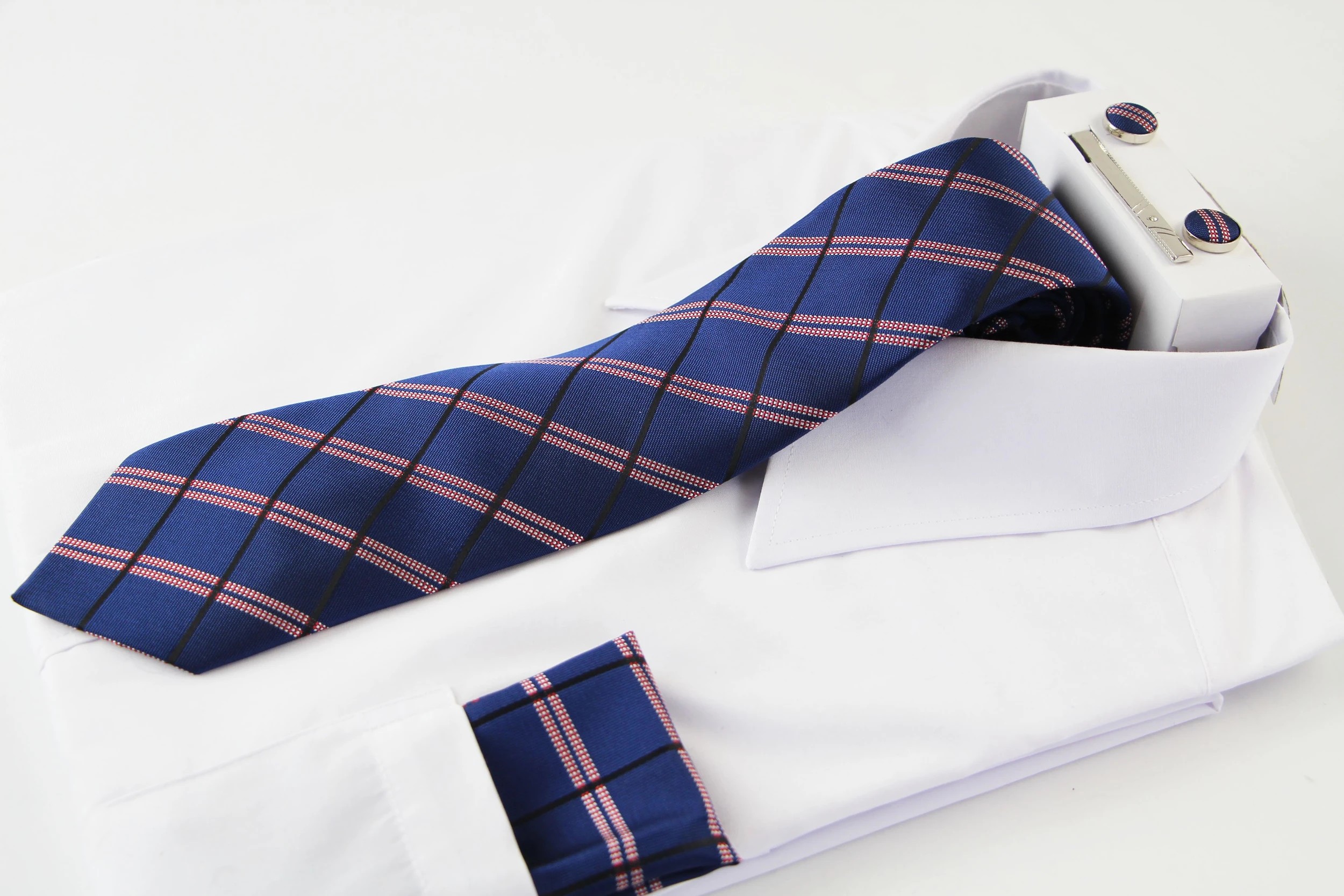 1 Zasel Mens Navy, Black & Red Checkered Matching Neck Tie, Pocket Square, Cuff Links And Tie Clip Set - Multi - Multi, 1 of 4
