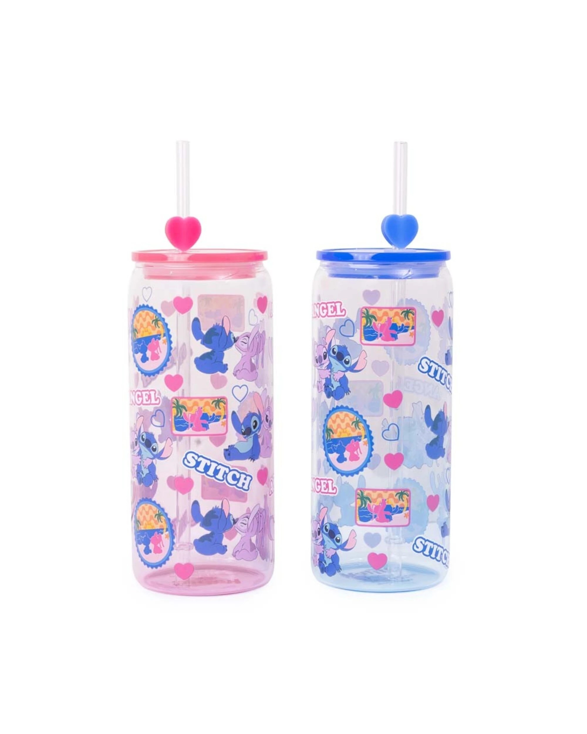 1 Disney - Lilo & Stitch - Stitch Stamps Glass Cup with Straw Twin Pack - Blue,Pink, 1 of 4