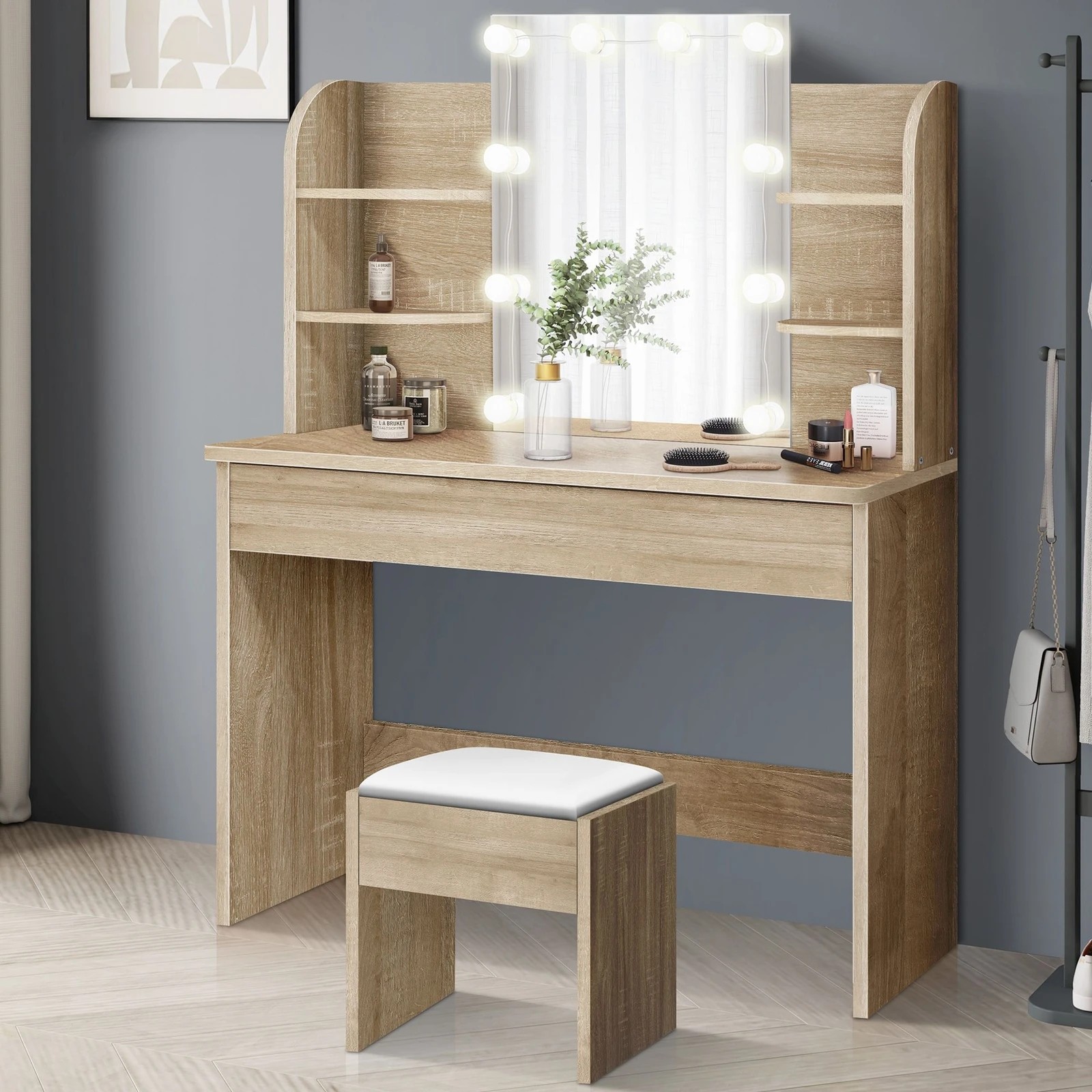 8 Alfordson Dressing Table Stool Set Makeup Mirror Vanity Desk LED Bulbs - Wood, 8 of 10