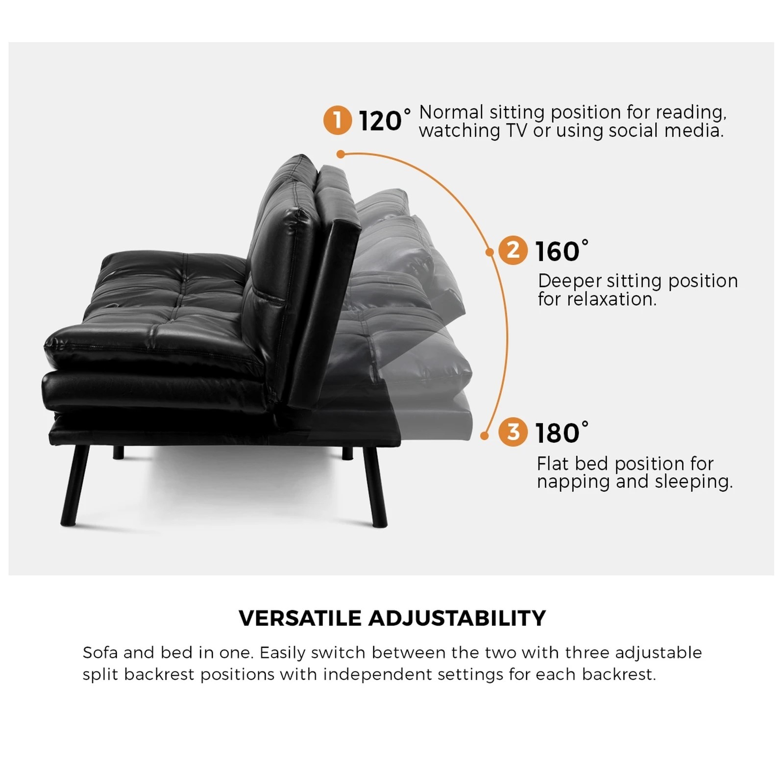 4 Oikiture Sofa Bed Futon Recliner Lounge Couch Convertible Leather 3-seater
 - Black, 4 of 10