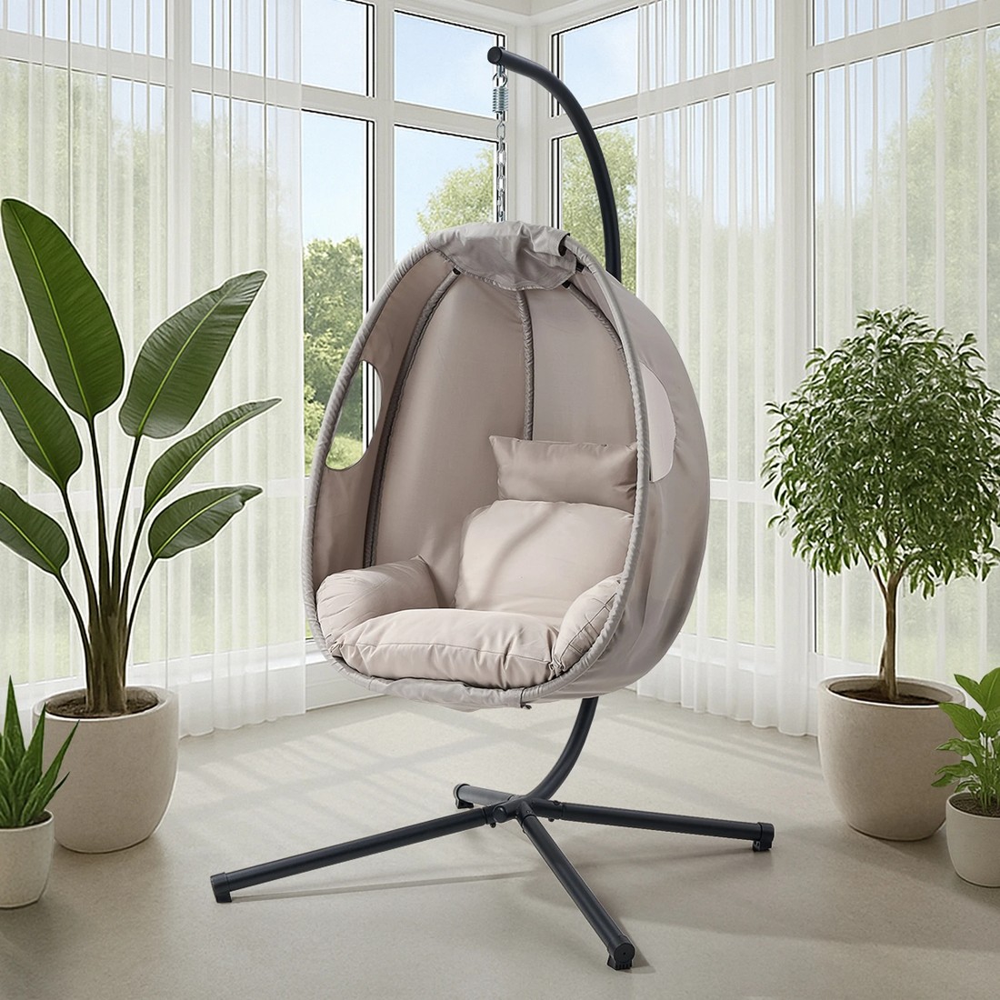 4 Livsip Outdoor Egg Hanging Chair Swing Seat Furniture with Stand Cushions - Grey, 4 of 8